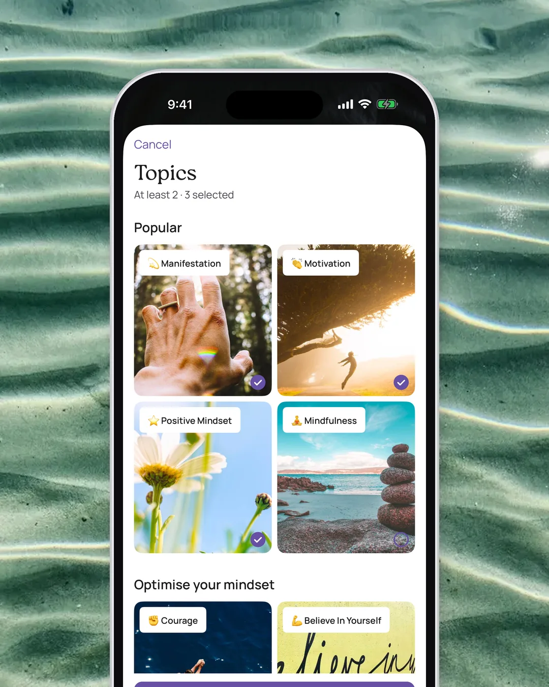 The affirmation topics in the VISIYA app, with topics like Manifestation, Motivation, Positive Mindset and Believe In Yourself