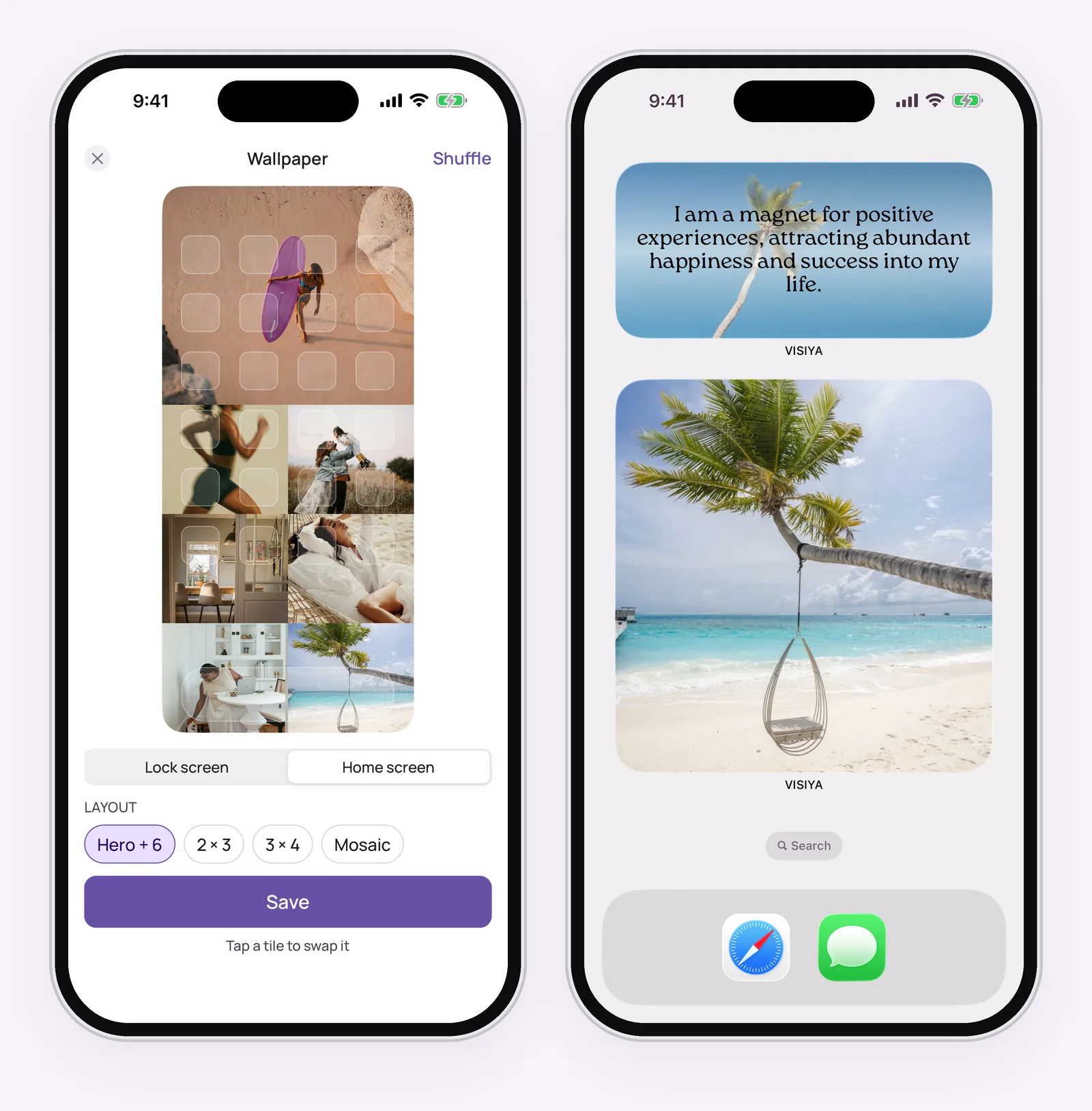 Two iPhones: the VISIYA wallpaper editor with a board laid out as a home screen wallpaper, and a home screen with VISIYA widgets; the wallpaper and widgets are part of VISIYA Plus