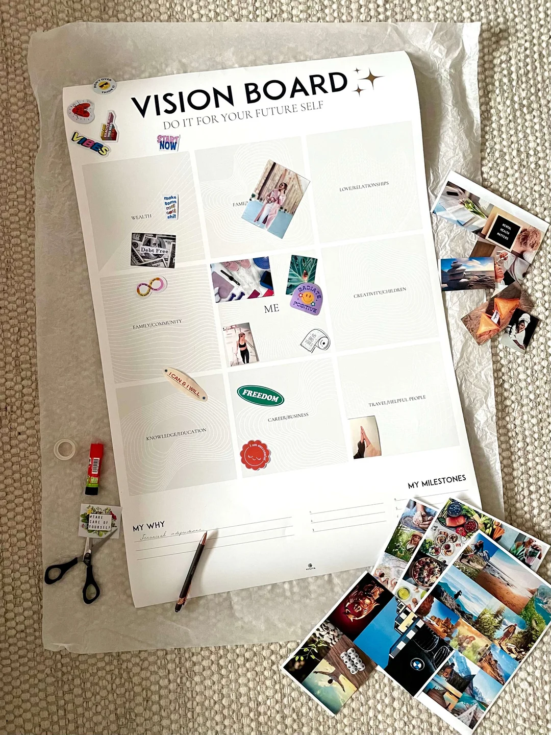 Ein Feng-Shui-Vision-Board-Template auf einem Bett mit gedruckten Fotos und beschrifteten Lebensbereichen