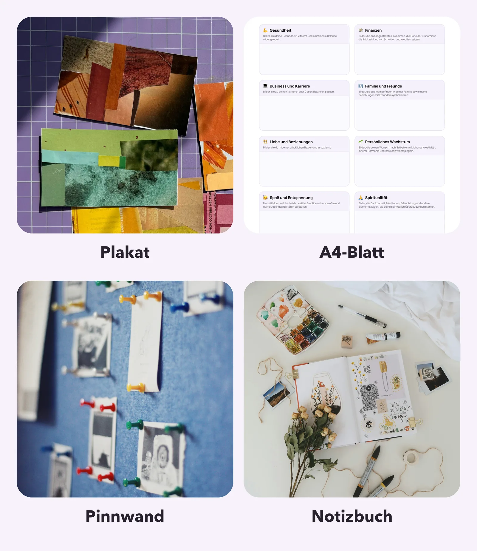Vier Formate für ein Vision Board: eine Collage aus Zeitschriftenbildern, die ausgedruckte Vorlage Lebensrad, Fotos mit bunten Pins an einer blauen Filzpinnwand und ein Notizbuch mit Collage