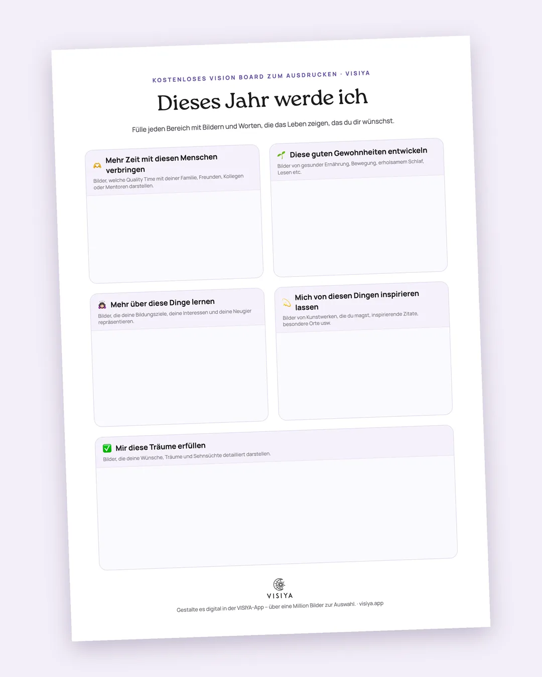 Die Vorlage „Dieses Jahr werde ich“ als ausgedrucktes PDF mit fünf Feldern zum Ausfüllen