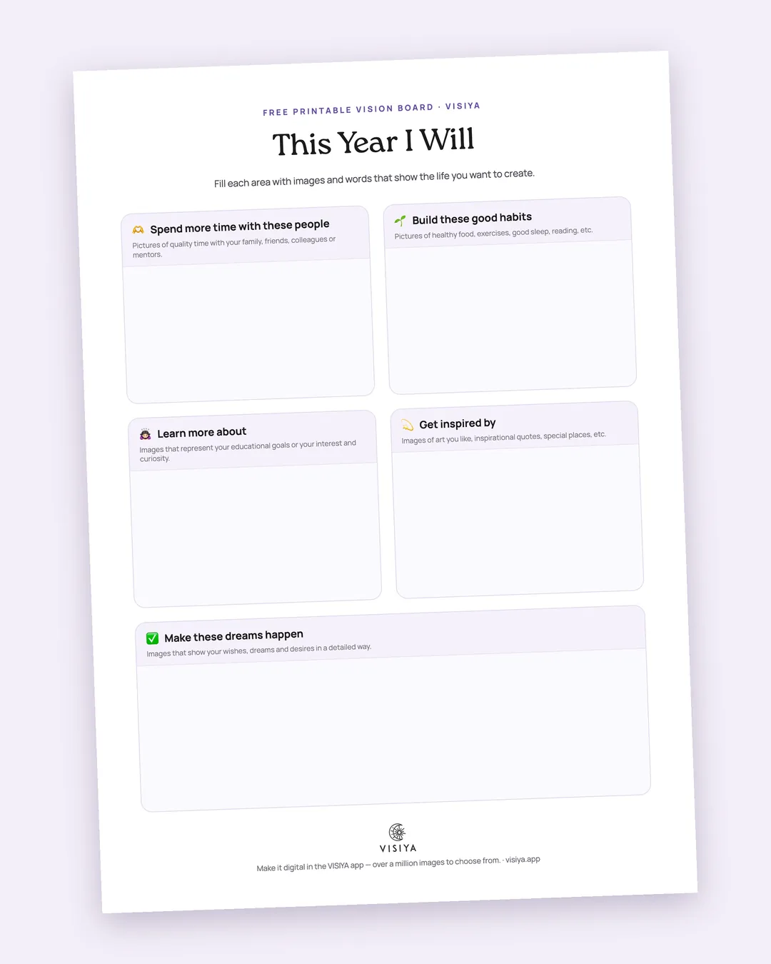 The This Year I Will template as a printed PDF with five areas to fill in