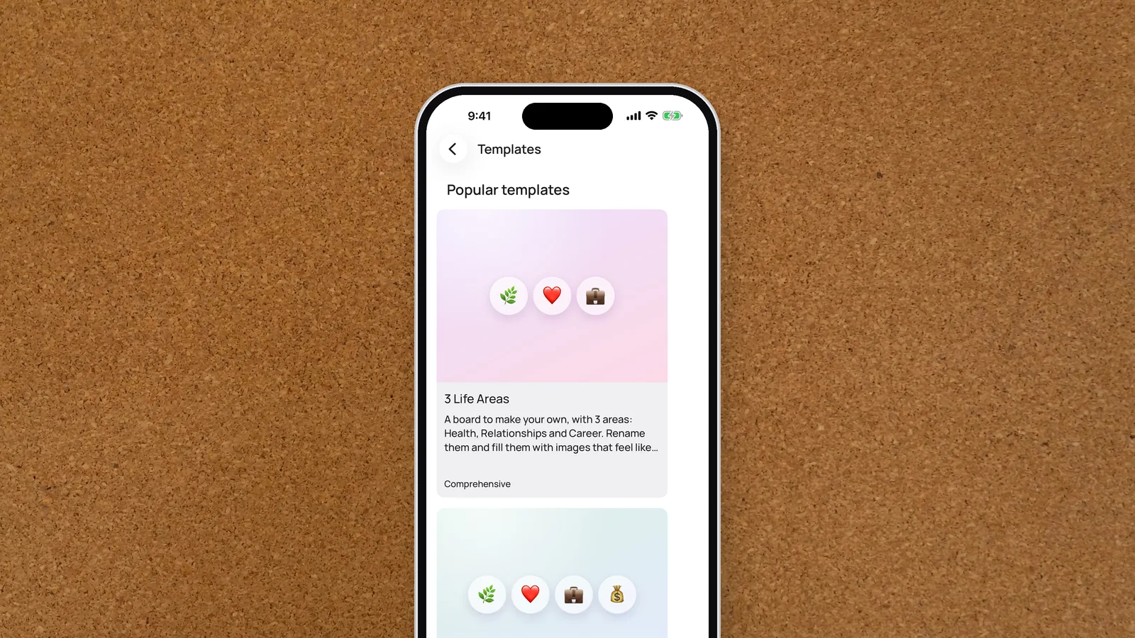 An iPhone showing the VISIYA template gallery in front of an empty corkboard