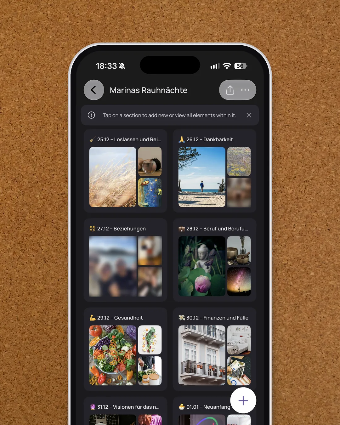Mein Rauhnächte-Board in der VISIYA-App im Dunkelmodus: ein Bereich pro Rauhnacht, gefüllt mit meinen Fotos, Gesichter unkenntlich gemacht