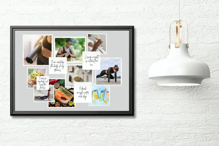 Ein gerahmtes thematisches Vision Board an der Wand zum Thema Gesundheit und Fitness mit Sportfotos und Affirmationskarten
