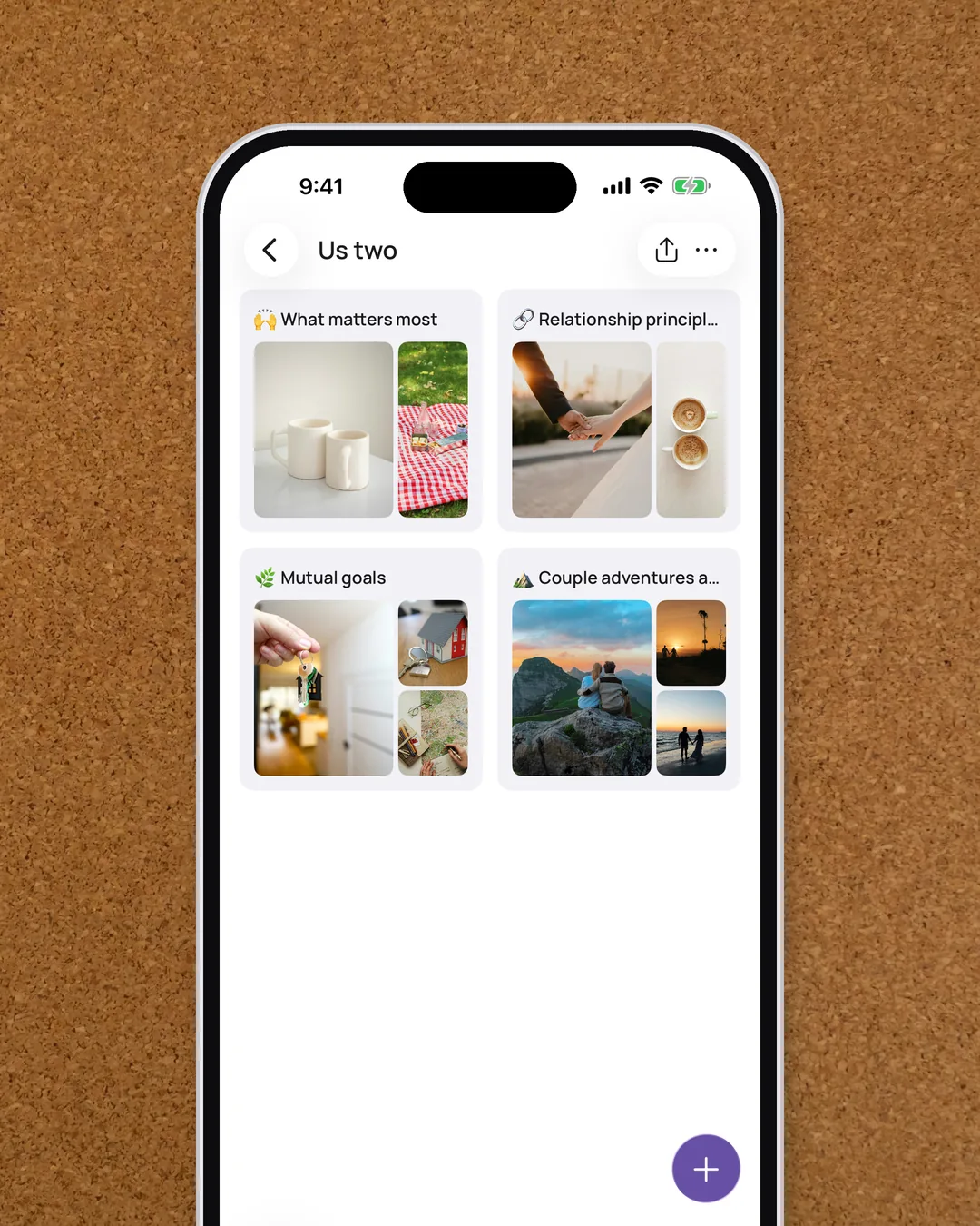 A board made from the Couples template in the VISIYA app, renamed “Us two,” with pictures in all four areas