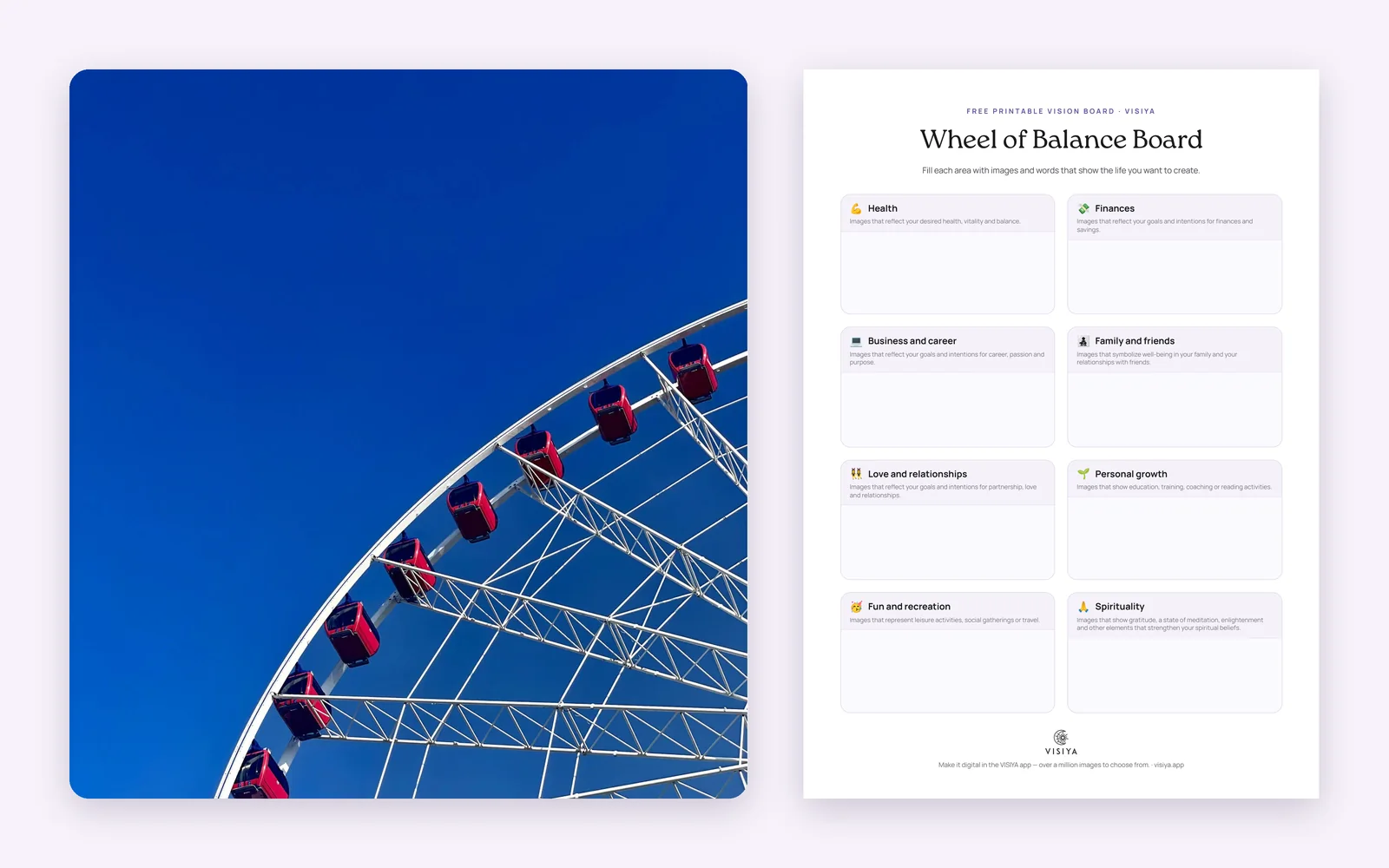 The Wheel of Balance Board: the template's cover image on the left, the printable PDF with eight boxes for pictures on the right, from Health to Spirituality