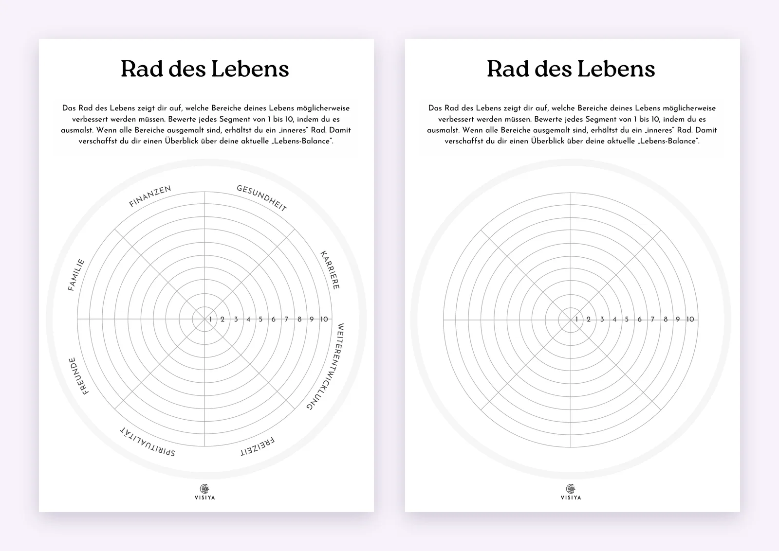Die beiden Lebensrad-Vorlagen von VISIYA nebeneinander: links das Rad des Lebens mit acht beschrifteten Bereichen von Gesundheit bis Finanzen, rechts dasselbe Rad ohne Beschriftung, beide mit Ringen von 1 bis 10