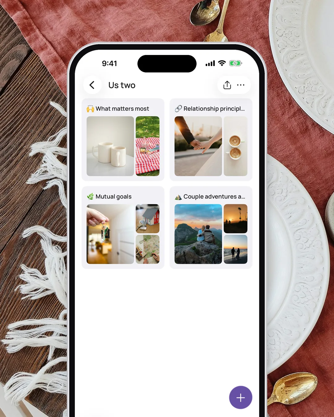 The couples board named “Us two” in the VISIYA app, with pictures in all four areas