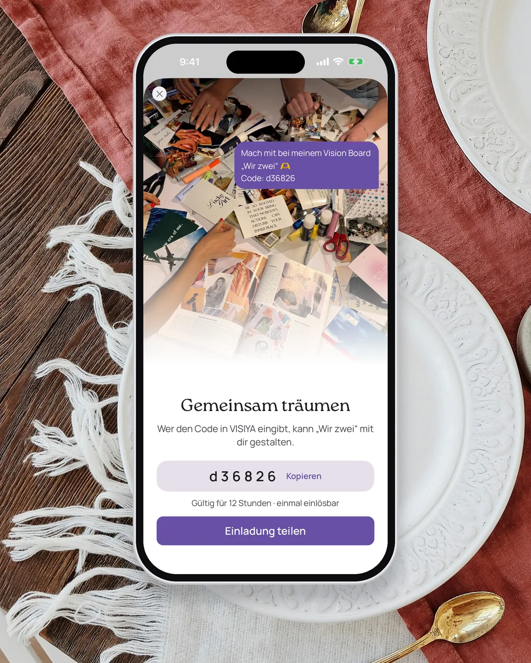 Das Fenster „Gemeinsam träumen“ in VISIYA mit der Einladung zum Board „Wir zwei“