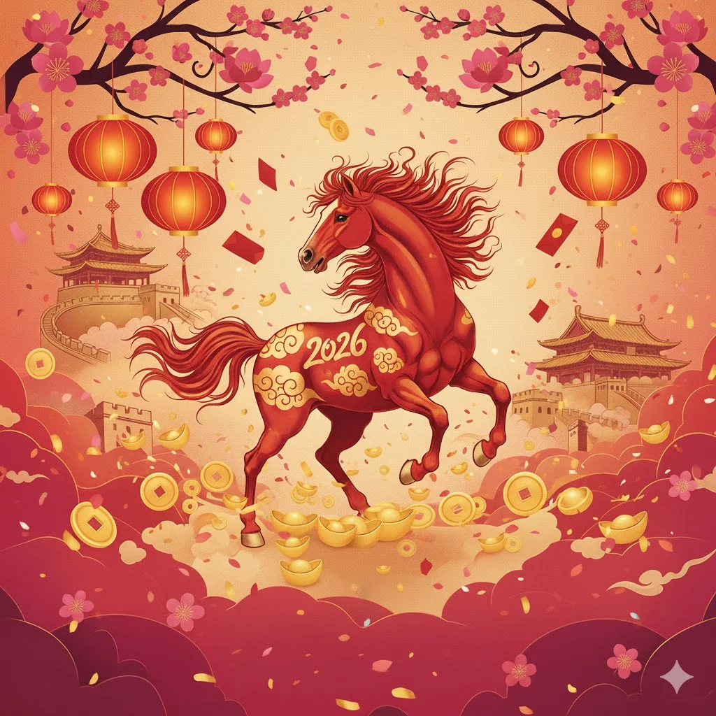 Illustration celebrating the 2026 Chinese New Year, the Year of the Horse