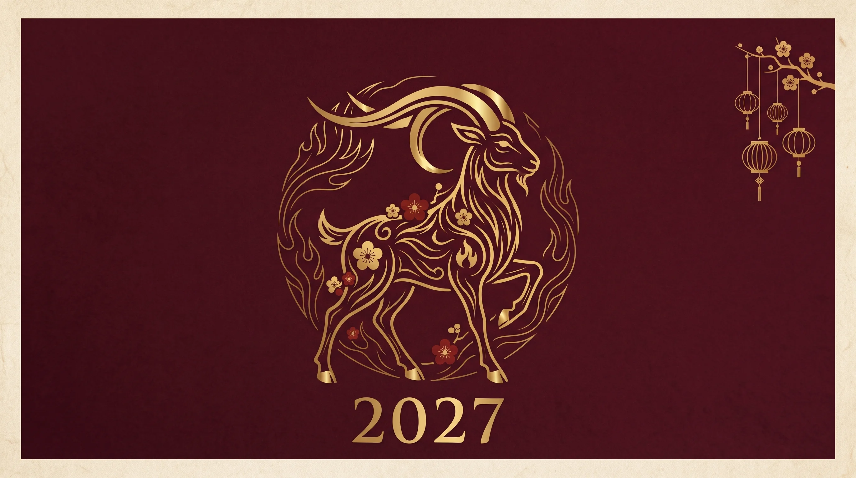 Goldene Illustration einer Ziege, umgeben von Flammen und Pflaumenblüten, über der Jahreszahl 2027 zum chinesischen Jahr der Feuer-Ziege