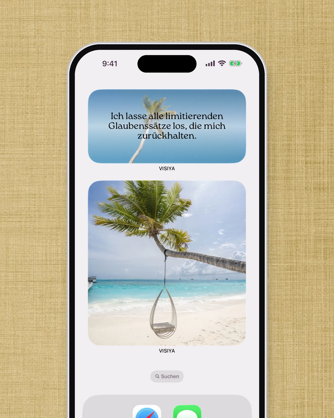 Das VISIYA-Widget (VISIYA Plus) auf dem Home-Bildschirm eines iPhones zeigt Bilder aus einem Vision Board