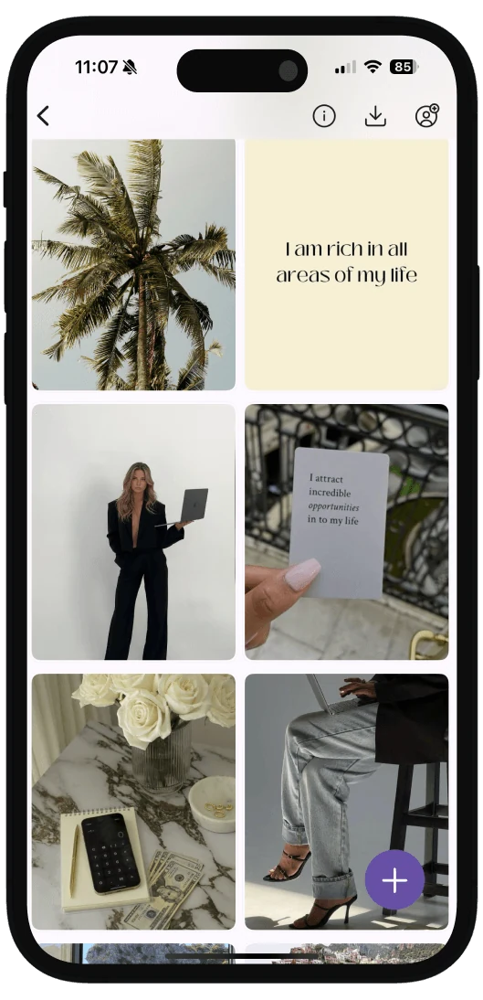 Vision Board 2027 mit Bildern zu Gesundheit, Reisen und Familie in der VISIYA-App