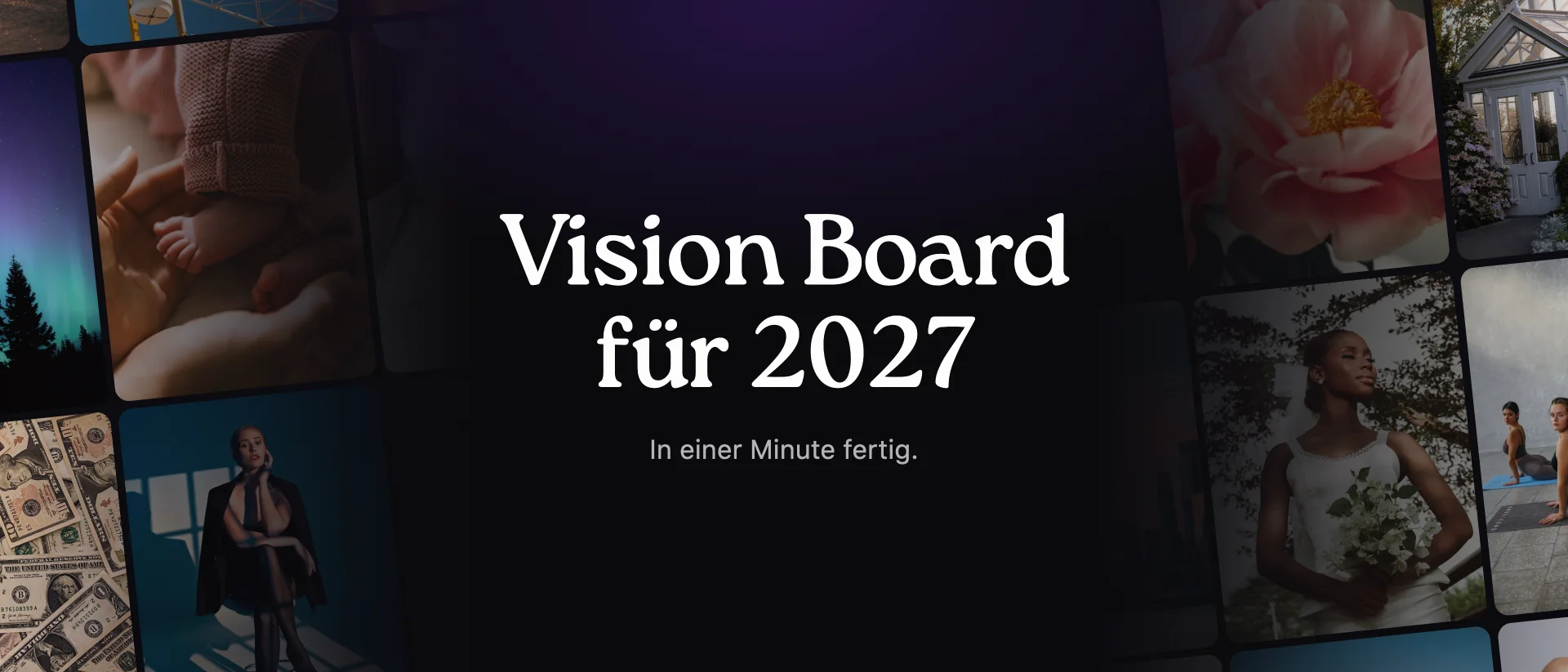 Vision Board 2027 in der VISIYA-App auf dem iPhone, umgeben von Bildern zu Reisen, Gesundheit und Liebe