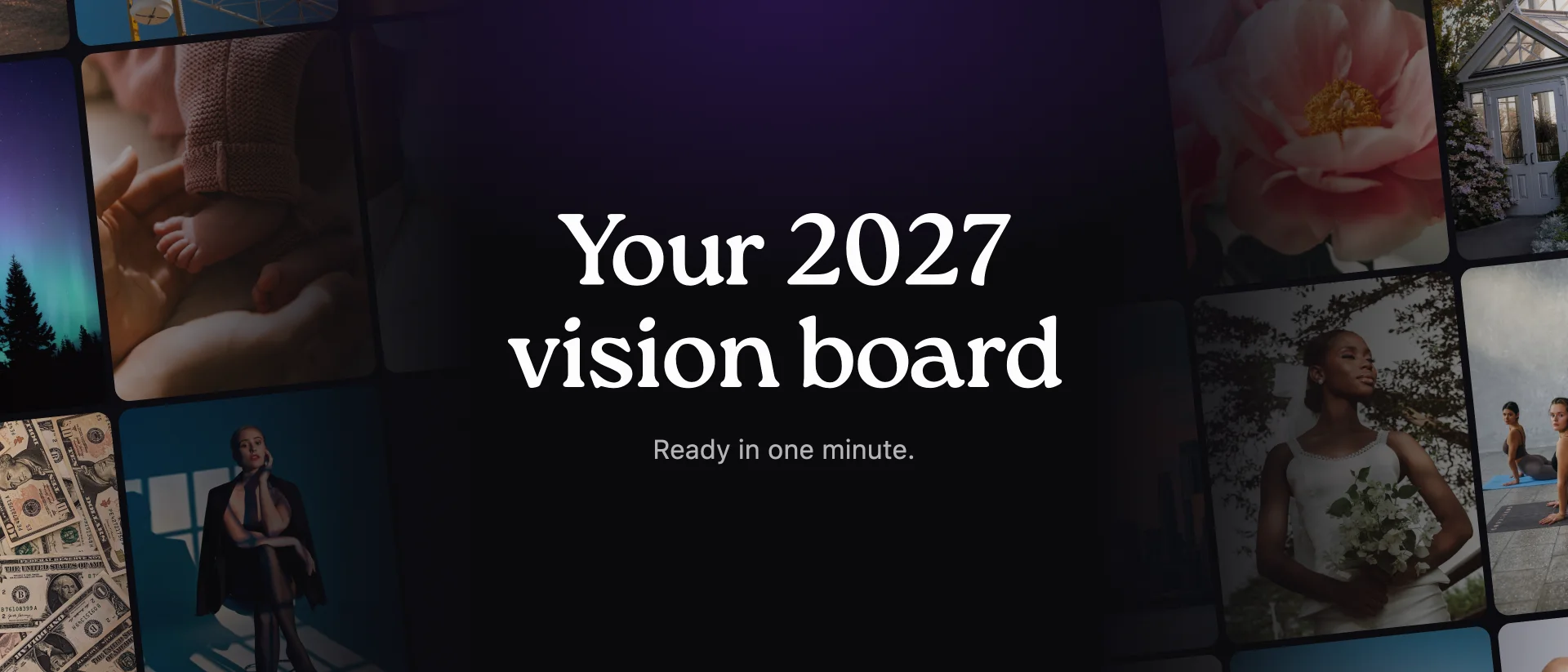 A 2027 vision board in the VISIYA app on an iPhone, surrounded by travel, health and love photos
