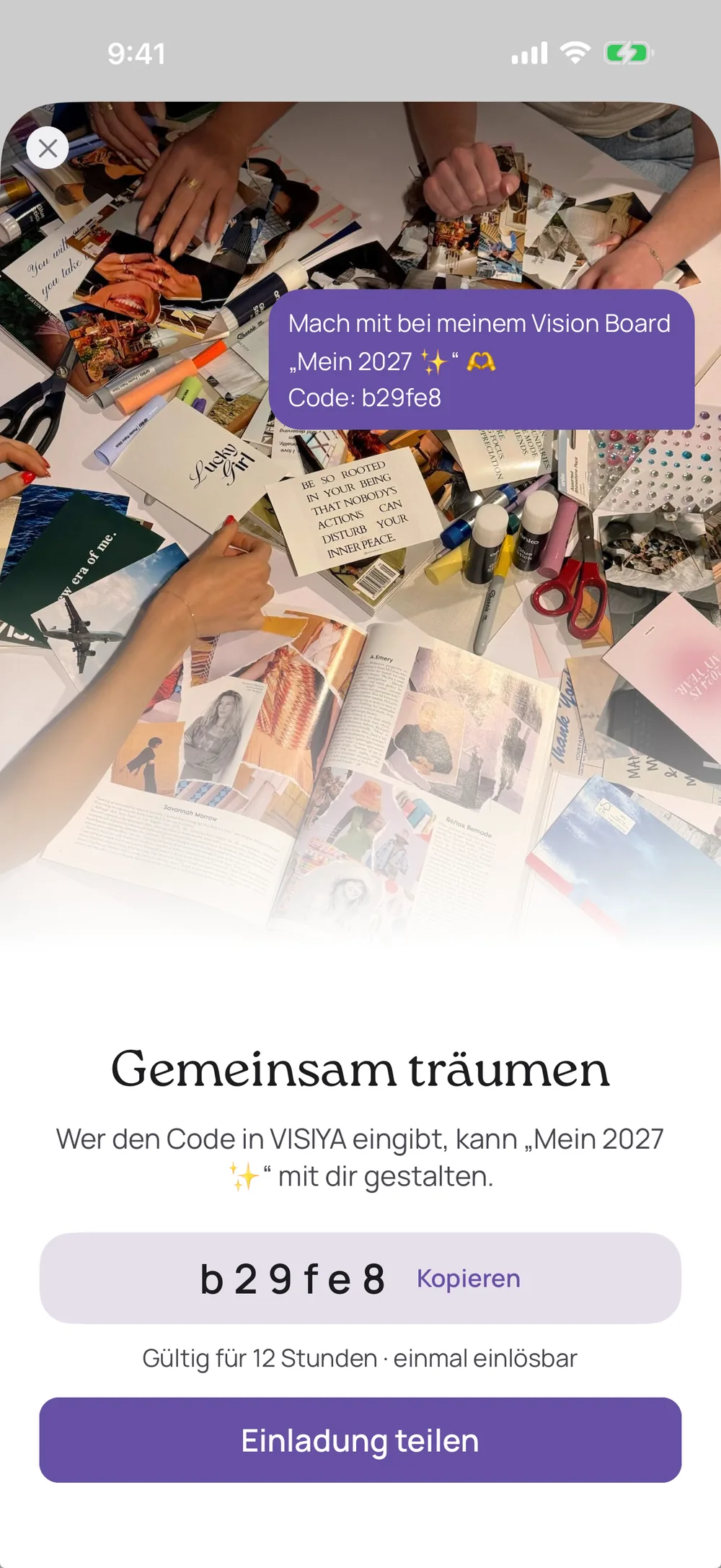 „Gemeinsam träumen“ in VISIYA: Einladungscode für das Board „Mein 2027“