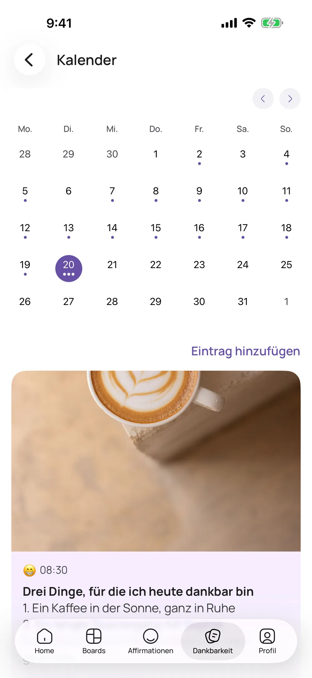 Kalender und deine Woche — VISIYA Dankbarkeitstagebuch-App