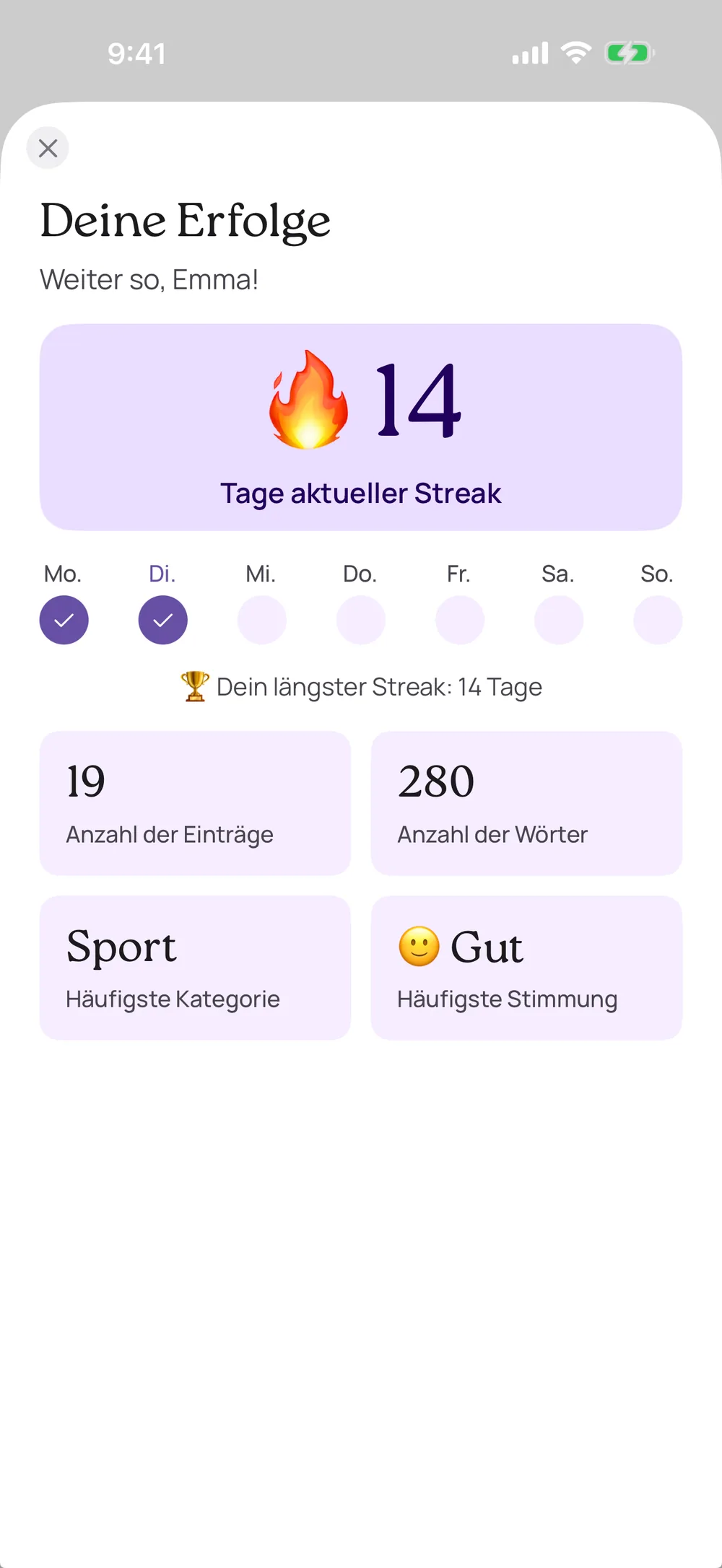 Deine Erfolge und dein Streak — VISIYA Dankbarkeitstagebuch-App