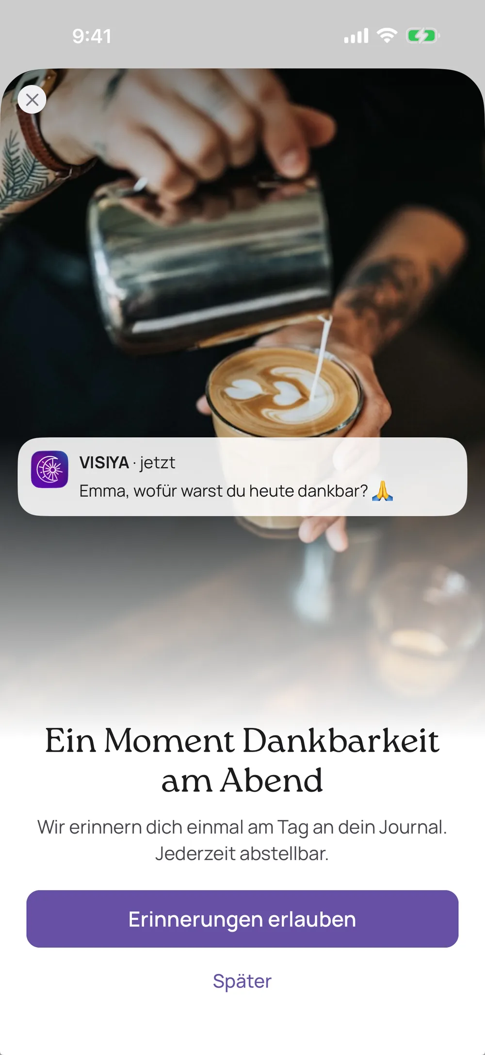 Erinnerung am Abend — VISIYA Dankbarkeitstagebuch-App