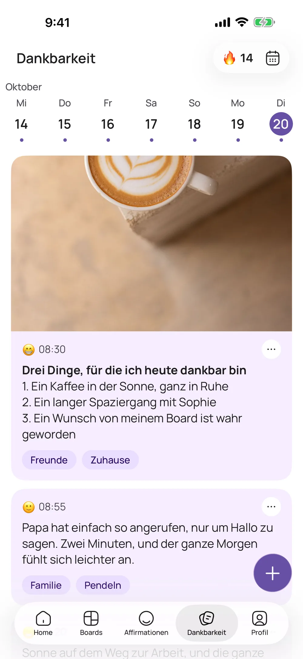 Das Dankbarkeitstagebuch in VISIYA mit Einträgen, Stimmung und Tags