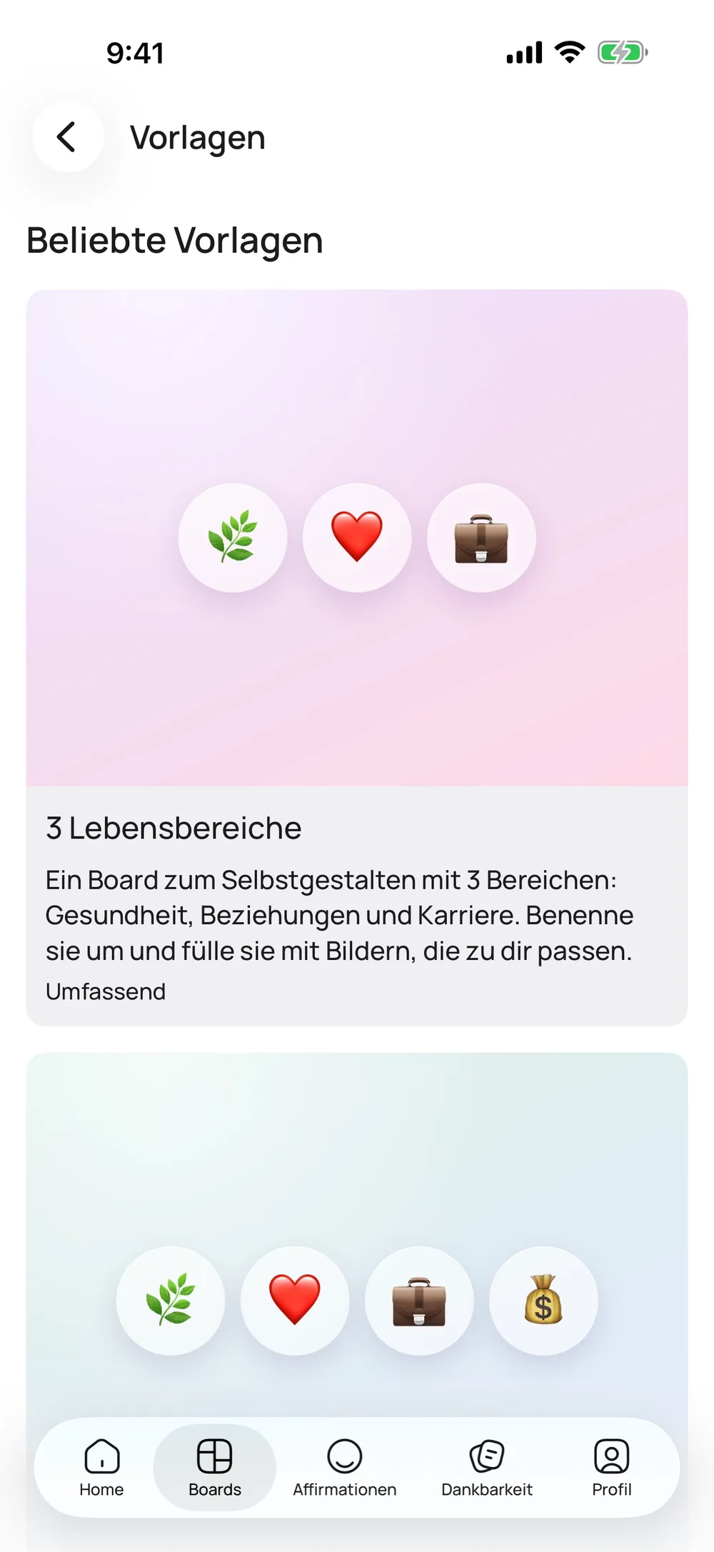 Die Vorlagen-Auswahl in der VISIYA App