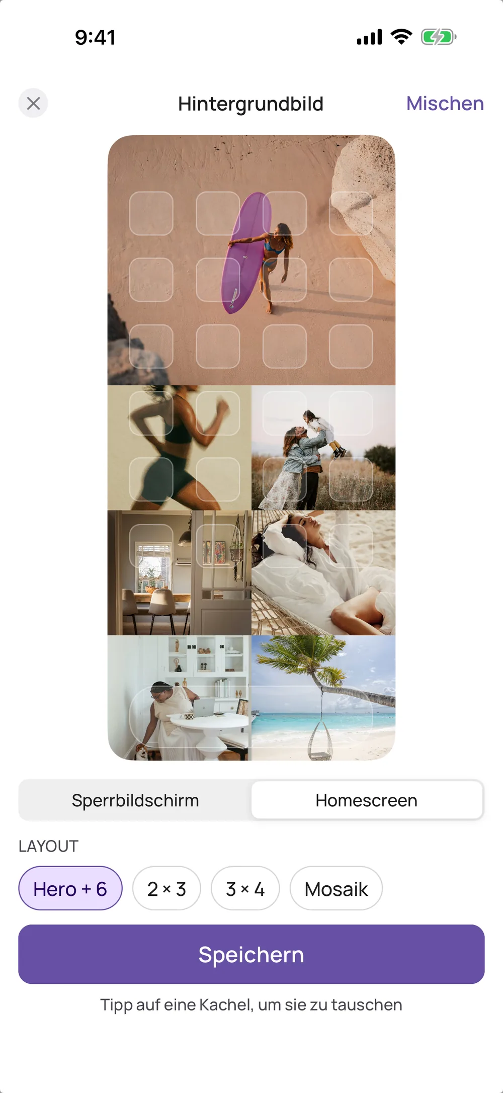 Hintergrundbild-Editor in VISIYA mit Homescreen-Vorschau, Layout Hero + 6 (VISIYA Plus)