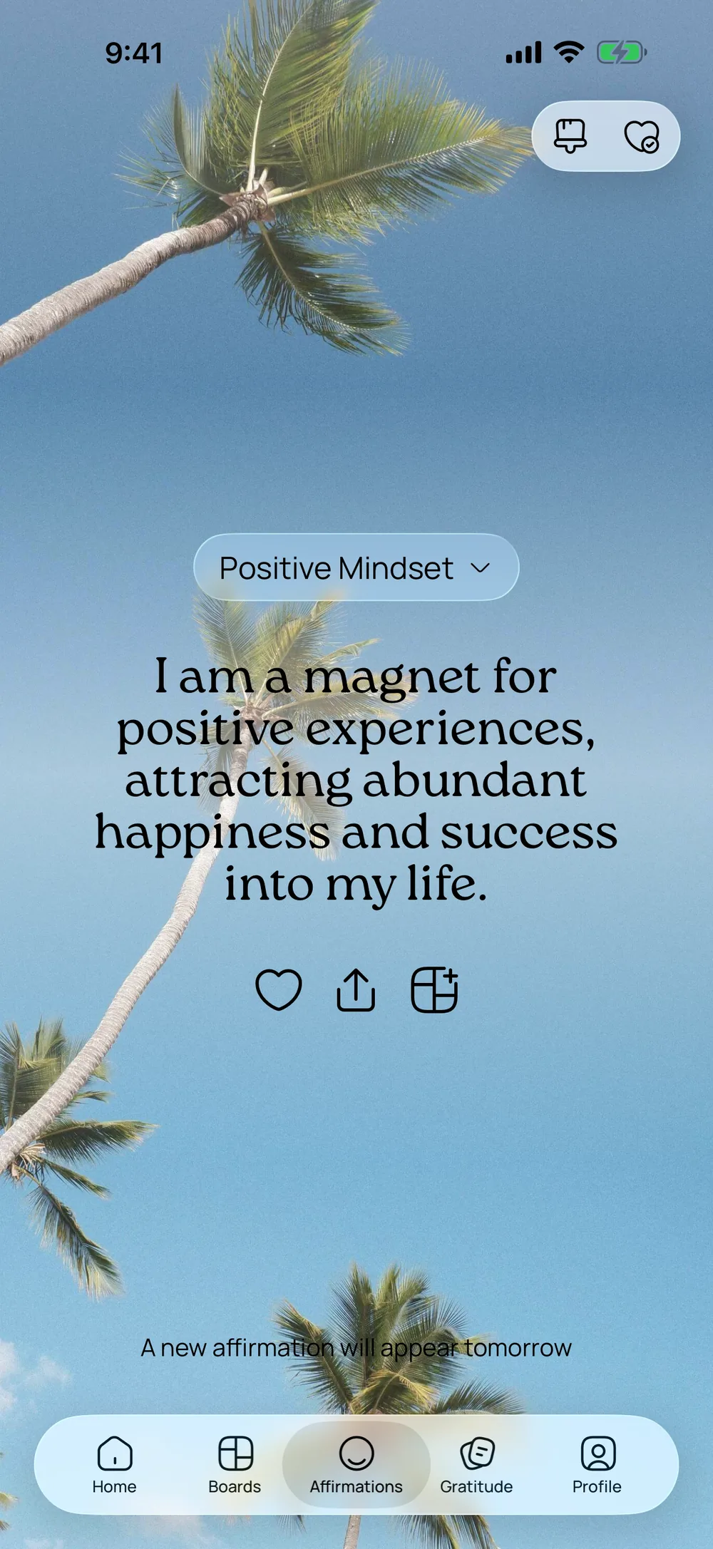 An affirmation from the Positive Mindset topic over a palm tree and blue sky