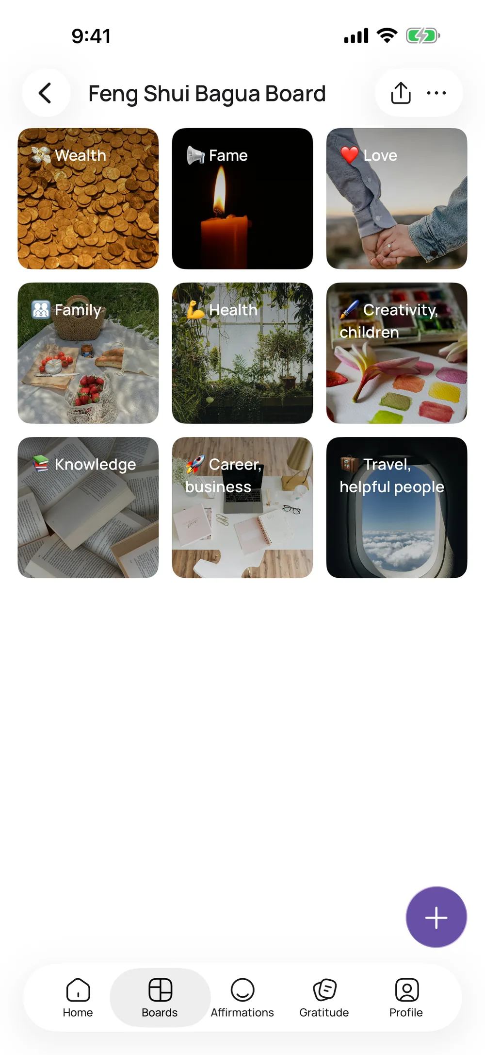 A Feng Shui Bagua board in VISIYA with nine areas, from Wealth to Travel