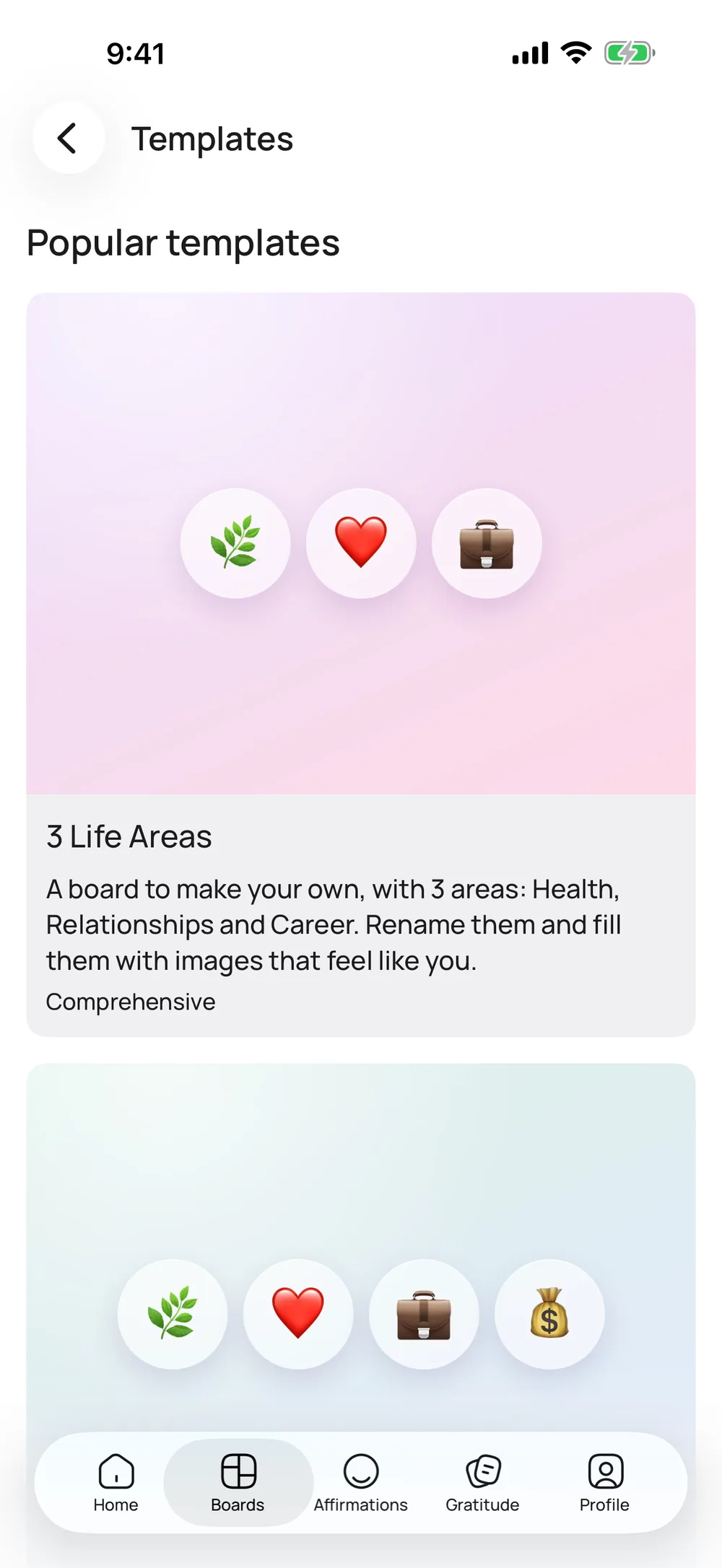 The Templates screen in VISIYA, with popular templates like 3 Life Areas