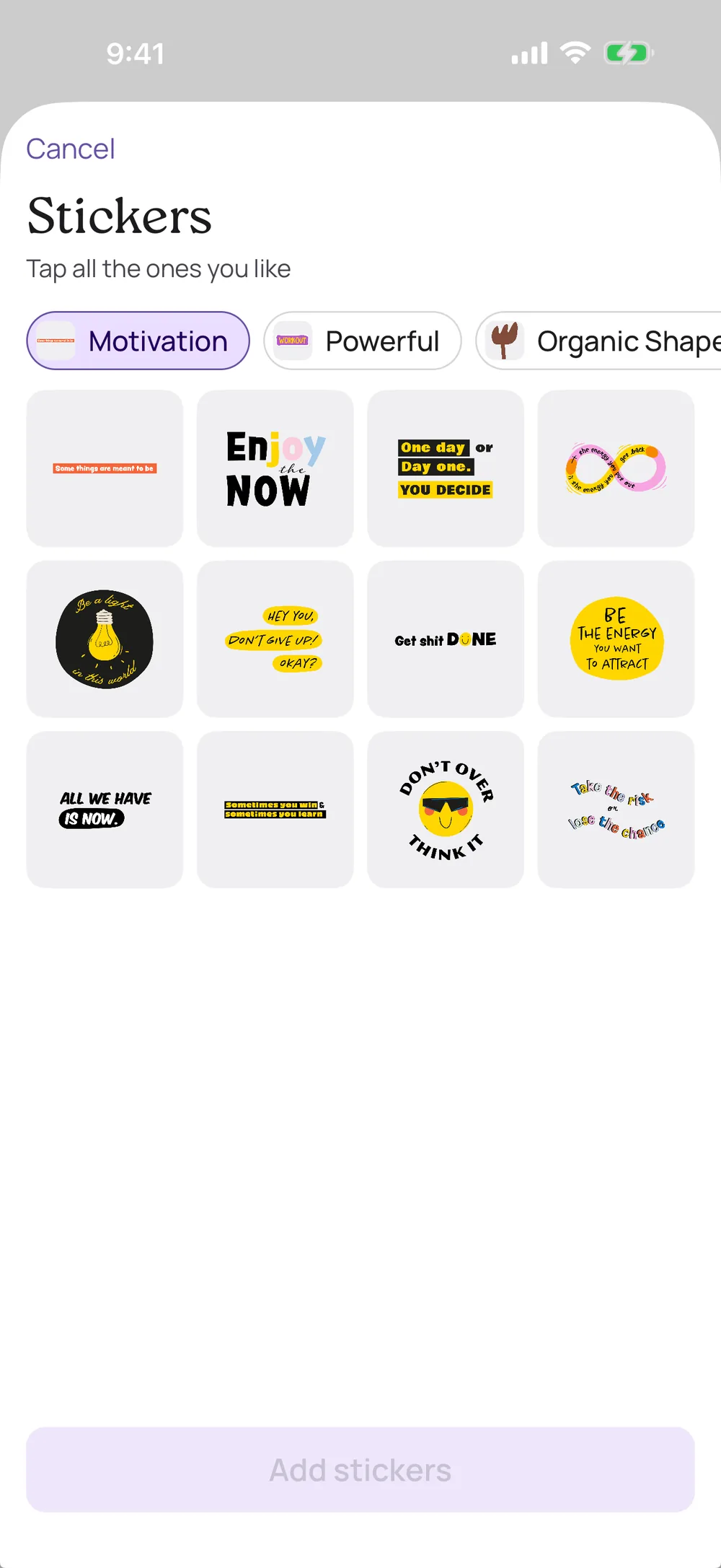 VISIYA’s sticker picker with the Motivation pack open
