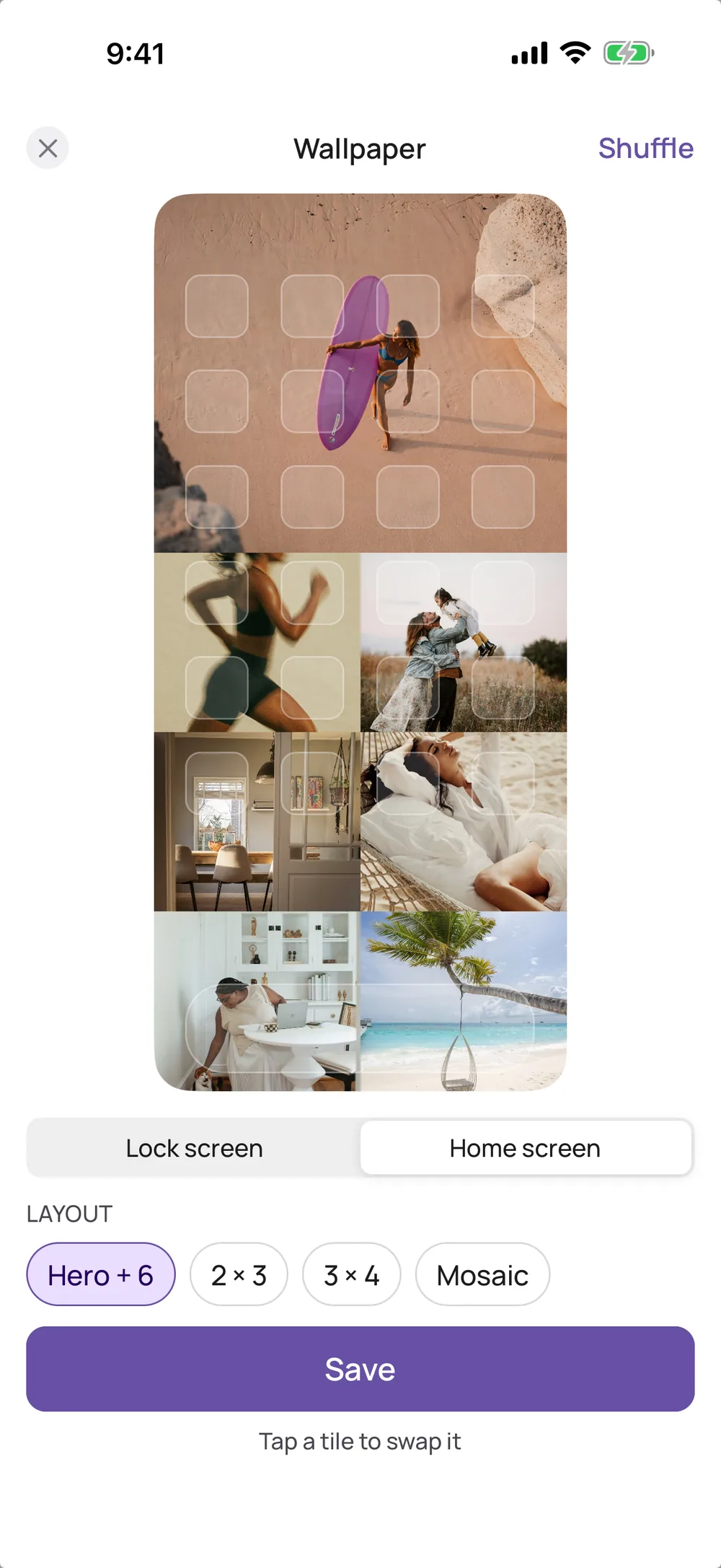 VISIYA’s wallpaper editor showing a board as a home screen wallpaper in the Hero + 6 layout