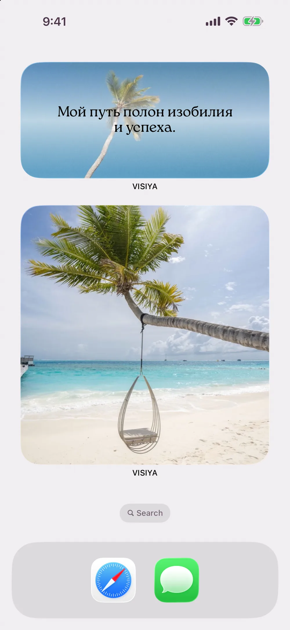 Two VISIYA widgets on an iPhone home screen: the daily affirmation and a picture from your vision board