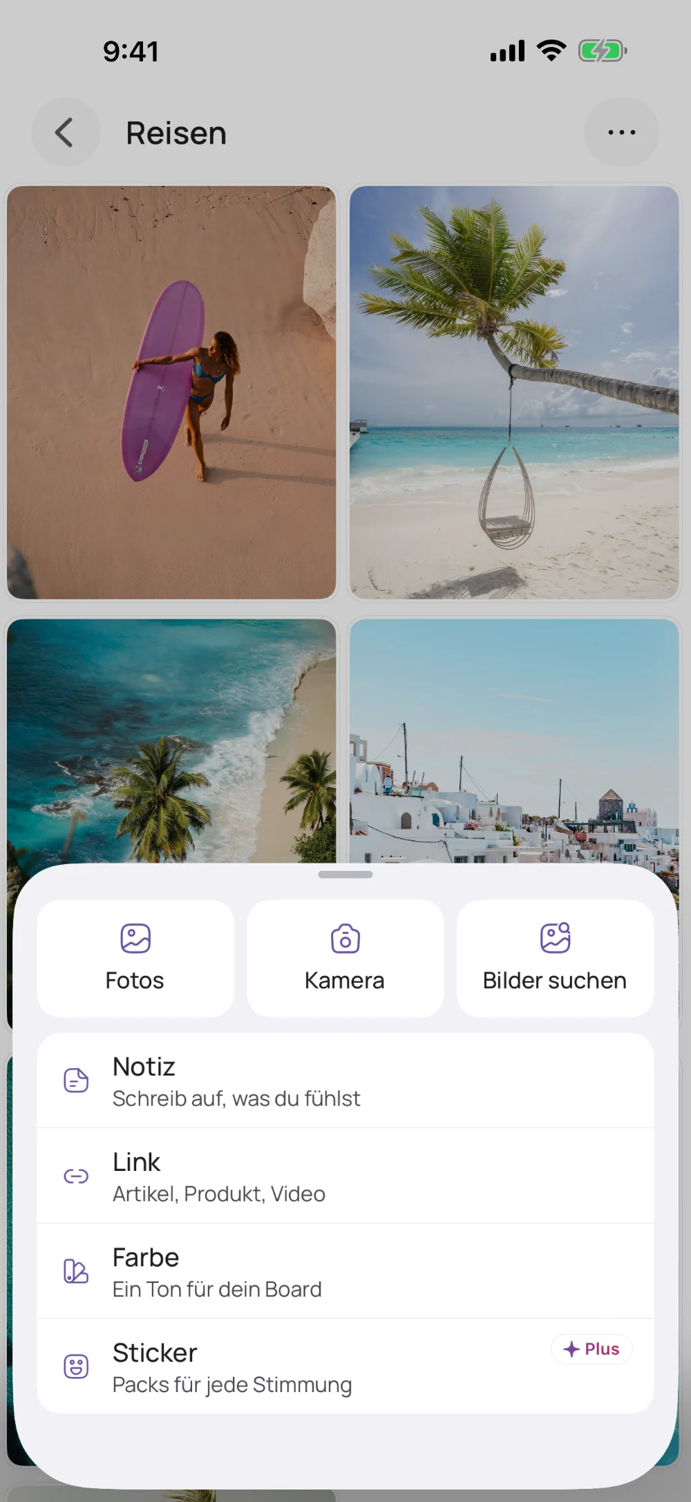 Der Bereich Reisen in VISIYA mit dem Menü zum Hinzufügen von Fotos, Notizen, Links, Farben und Stickern