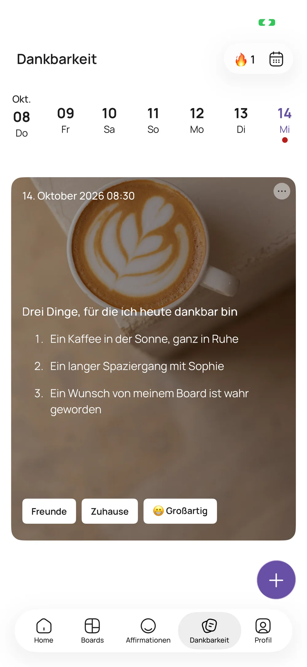 VISIYA auf dem iPhone: ein Eintrag im Dankbarkeitstagebuch