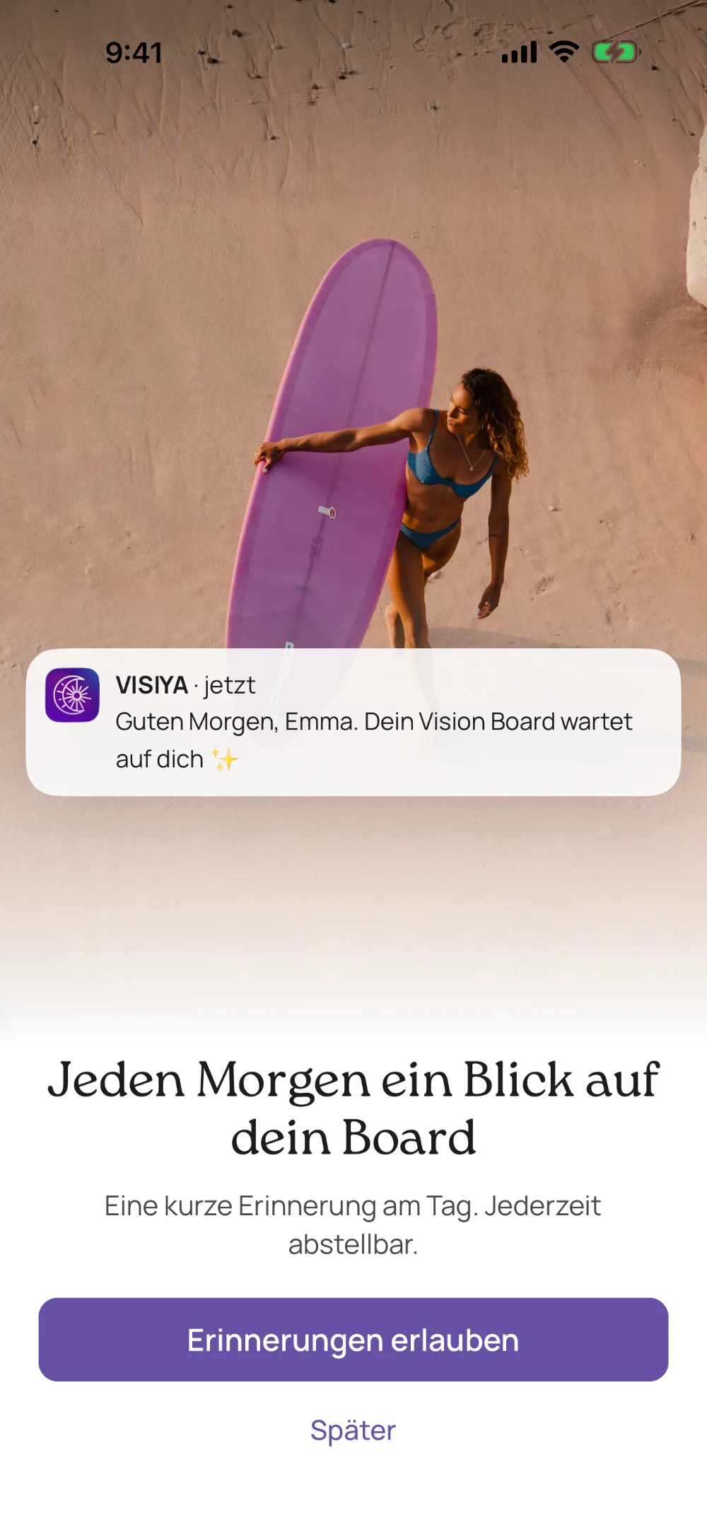 Morgendliche Mitteilung von VISIYA: „Guten Morgen, Emma. Dein Vision Board wartet auf dich“