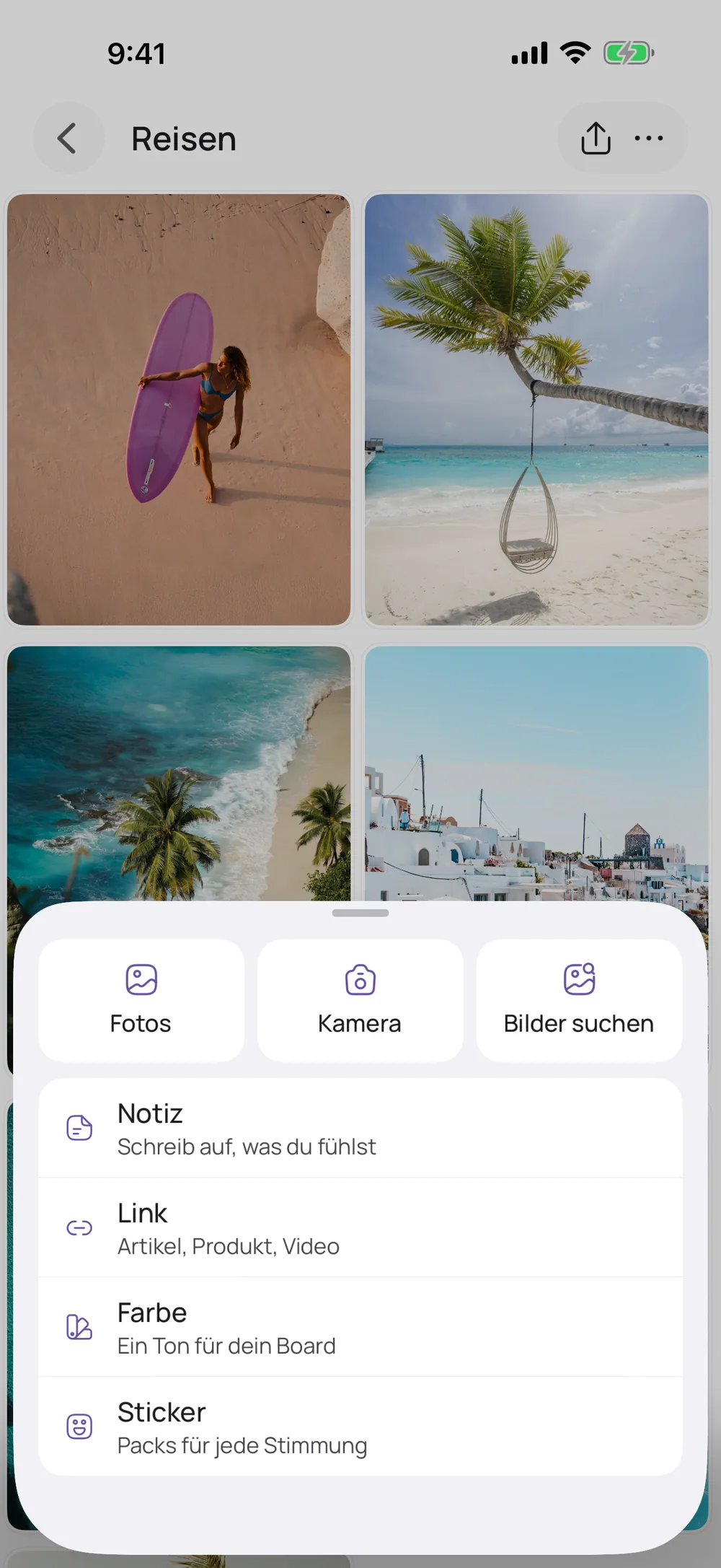 Das Menü in VISIYA, um einem Board Fotos, Bilder, Notizen und Sticker hinzuzufügen