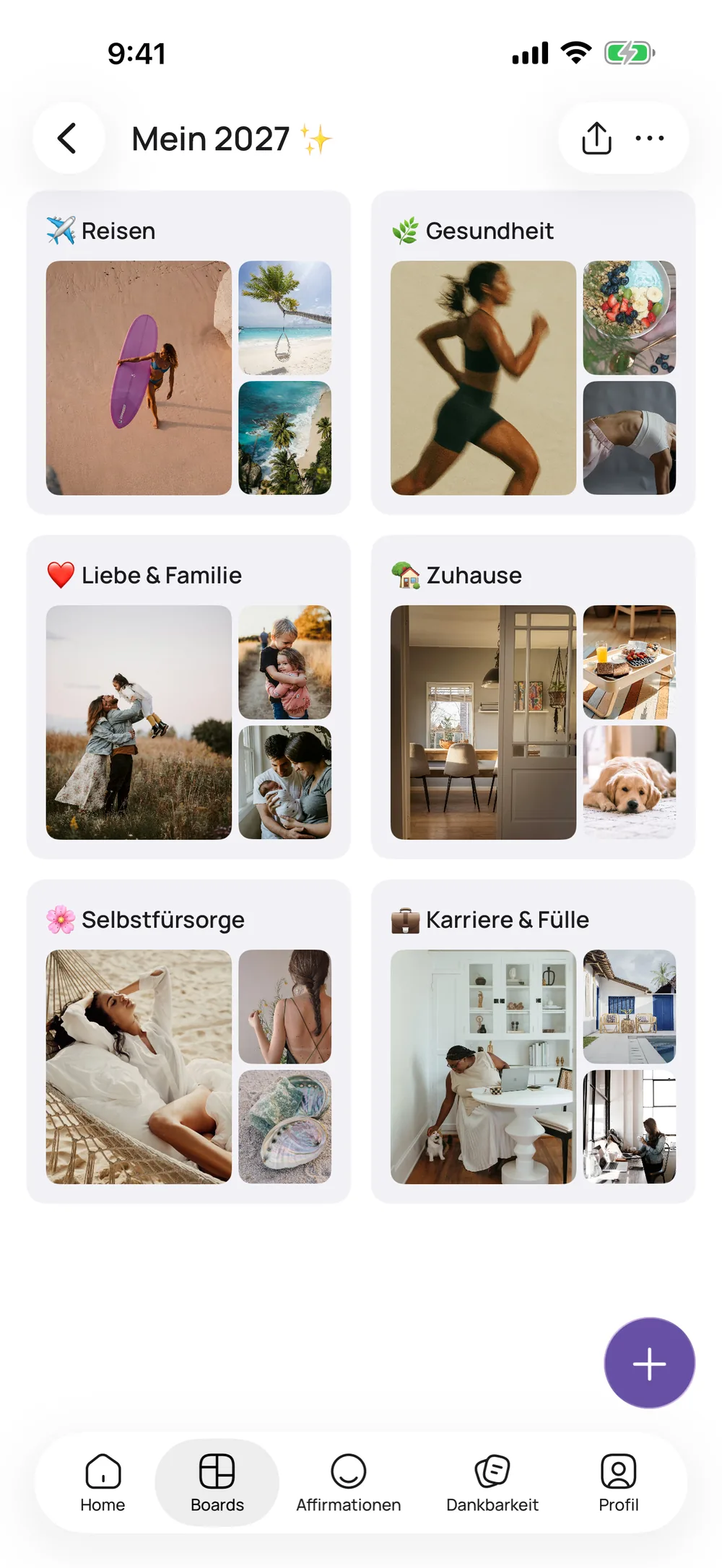 Ein Vision Board in VISIYA mit mehreren Lebensbereichen