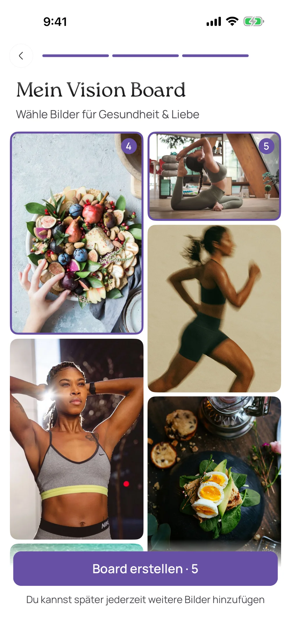 VISIYA-Bildschirm „Mein Vision Board“: Bilder für Gesundheit und Liebe auswählen