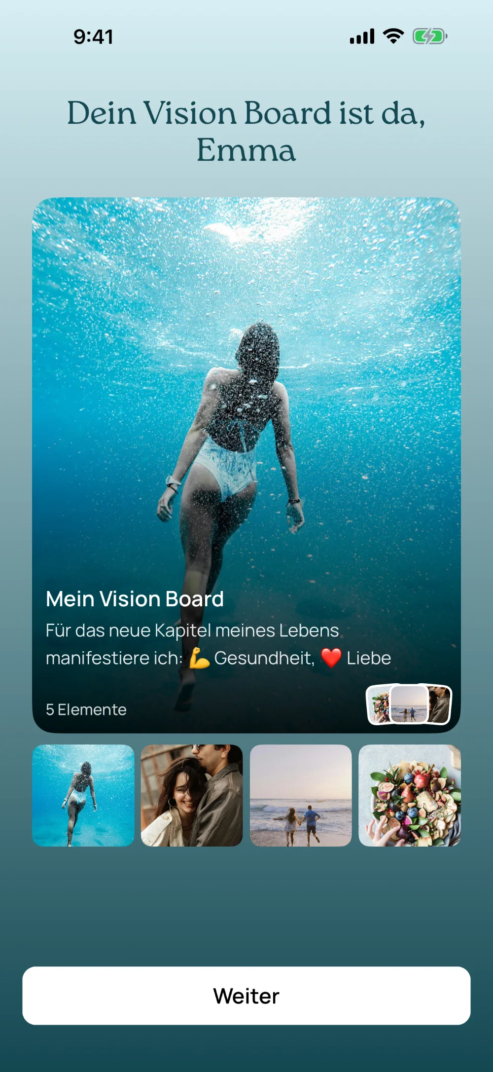 Das fertige Vision Board in VISIYA mit einem Unterwasserfoto und den Bereichen Gesundheit und Liebe