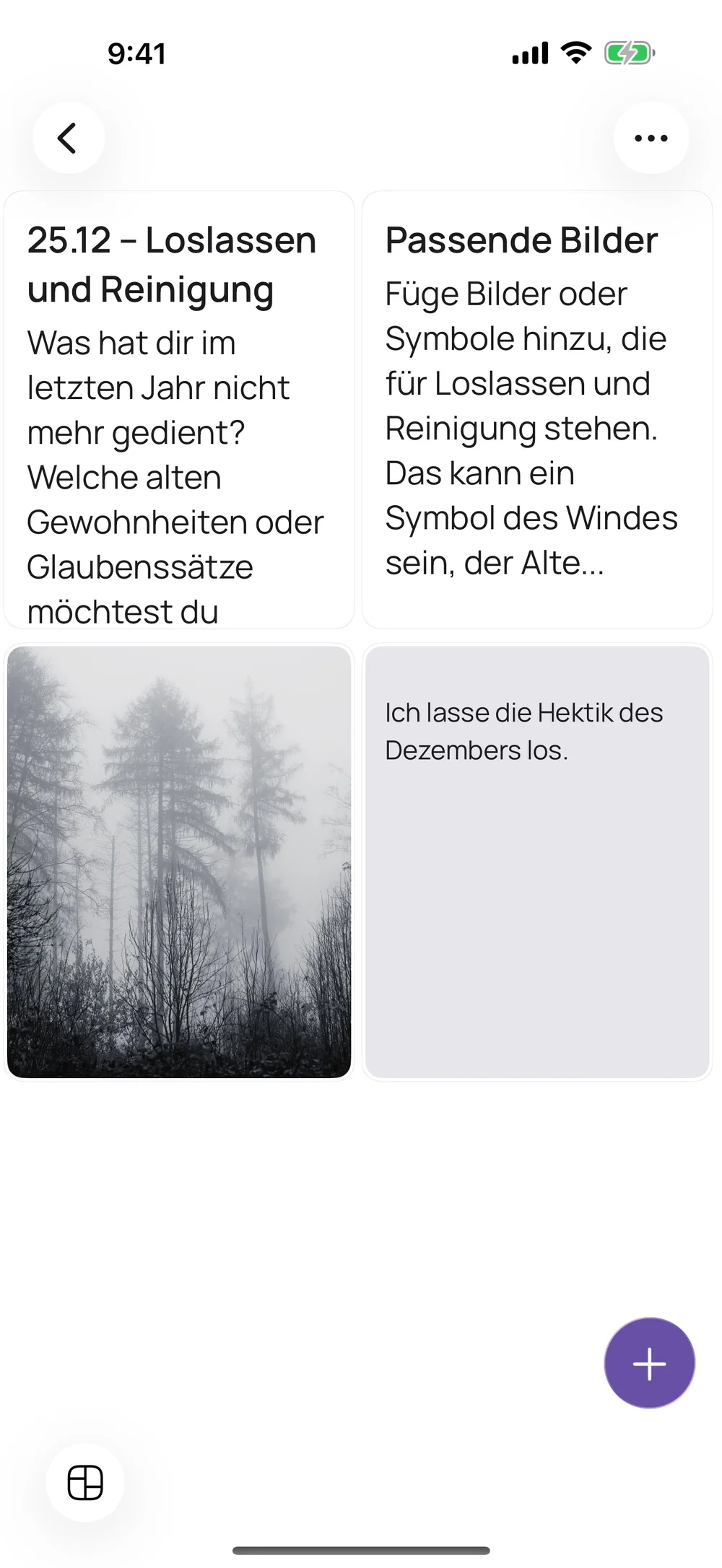 VISIYA auf dem iPhone: die erste Rauhnacht „Loslassen und Reinigung“ geöffnet, mit Frage, Bildern und Notiz