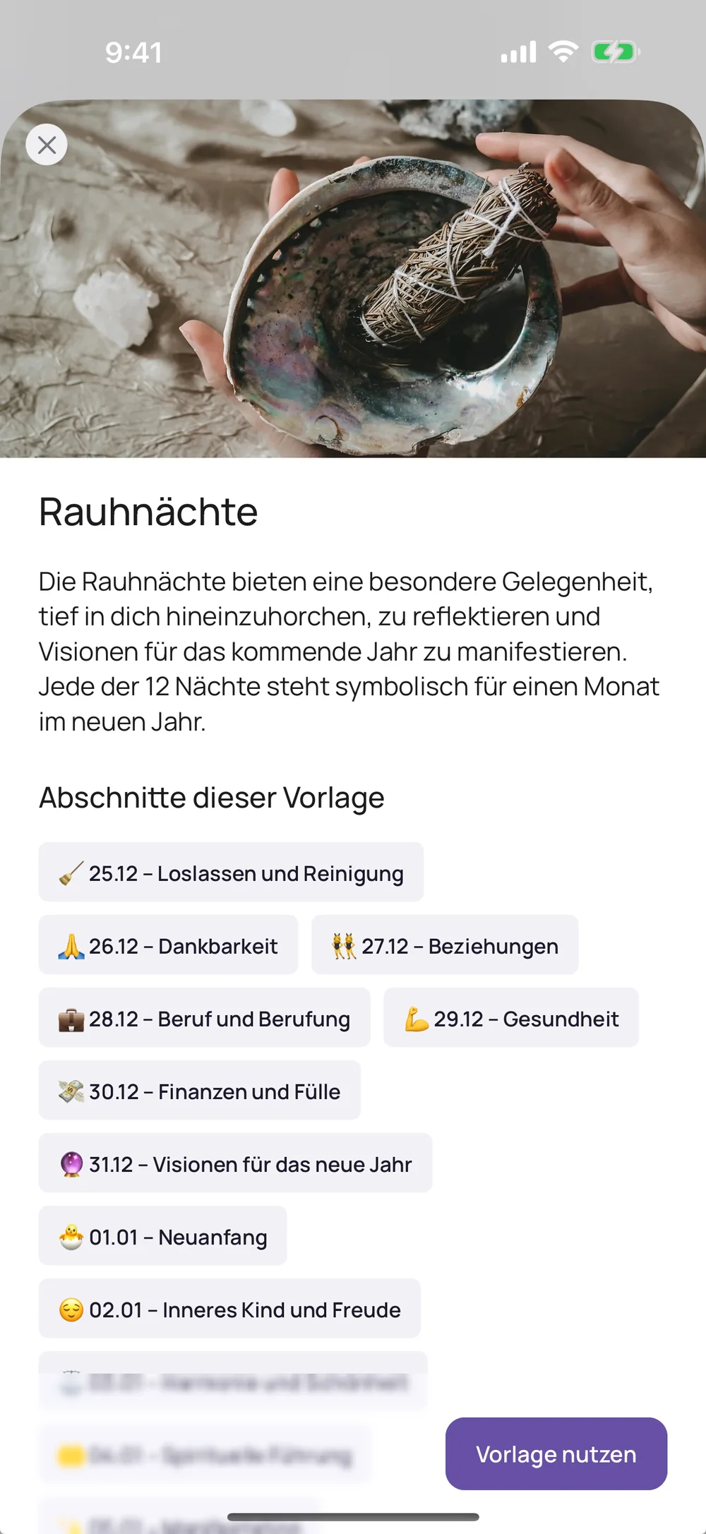 VISIYA auf dem iPhone: Vorschau der Rauhnächte-Vorlage mit zwölf Bereichen