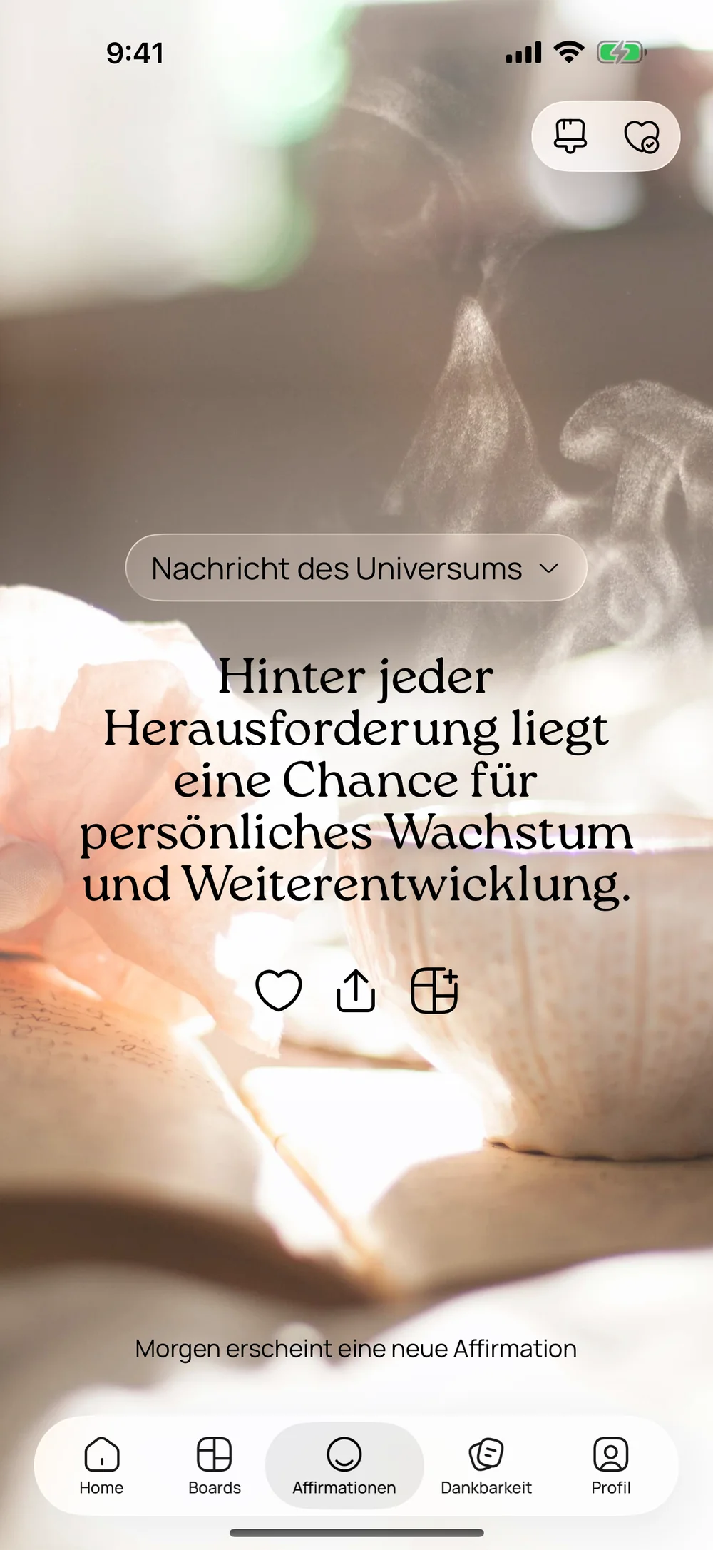 VISIYA auf dem iPhone: eine Affirmation aus der Kategorie „Nachricht des Universums“