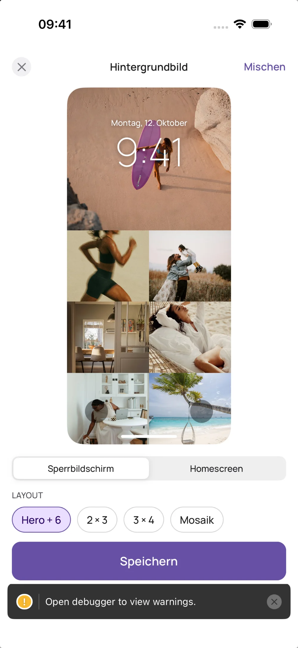 Hintergrundbild-Editor in VISIYA mit Sperrbildschirm-Vorschau und Layouts wie Hero + 6 und Mosaik