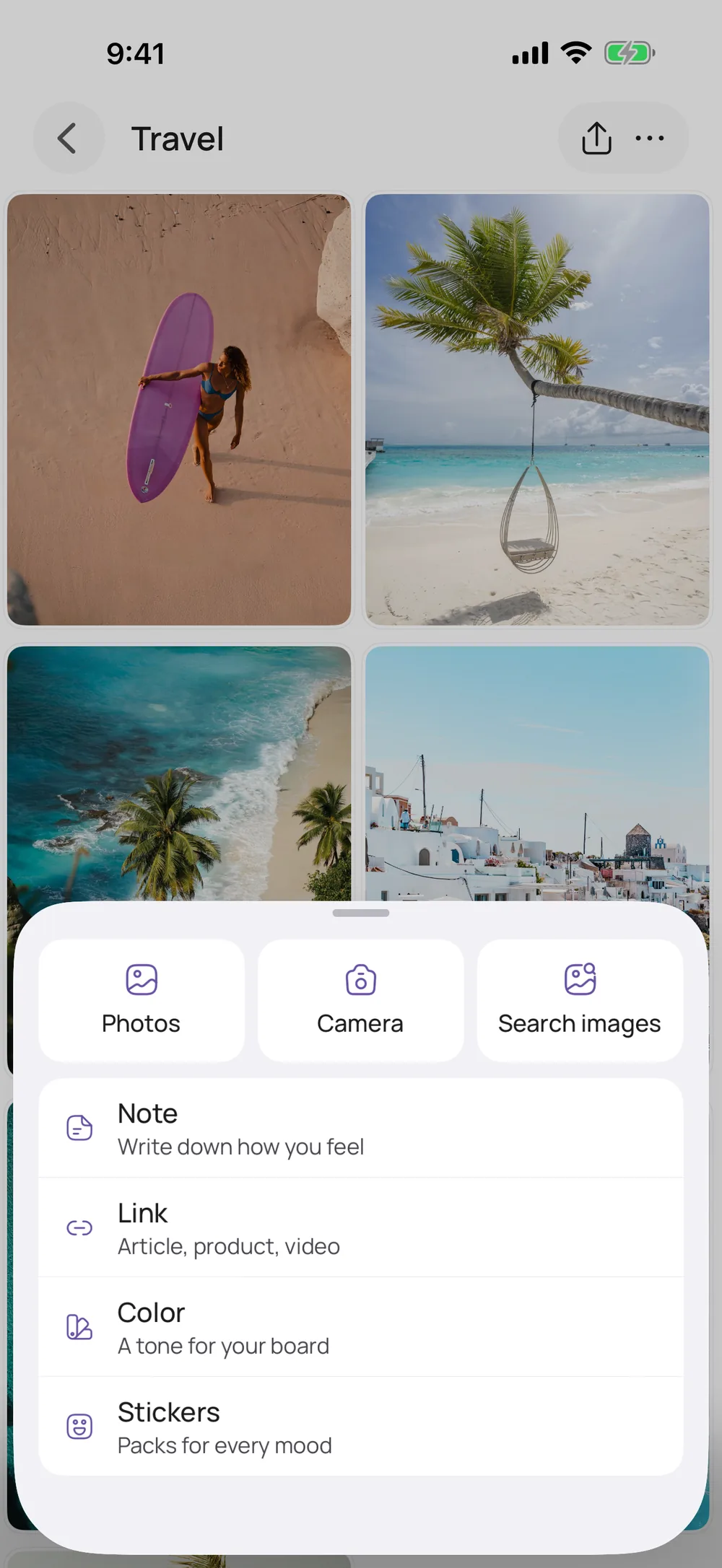 The VISIYA menu for adding photos, images, notes and stickers to a board