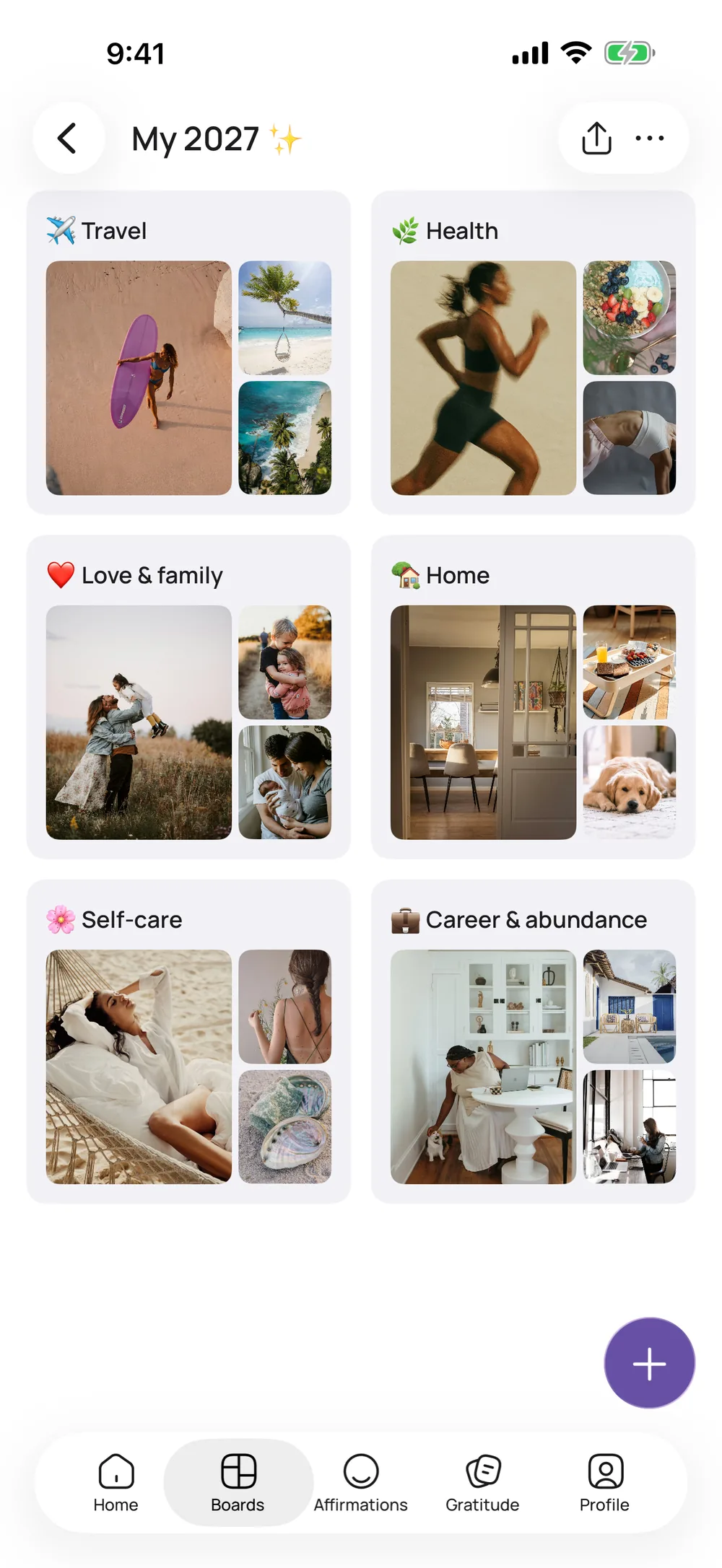 A vision board in VISIYA with several areas of life