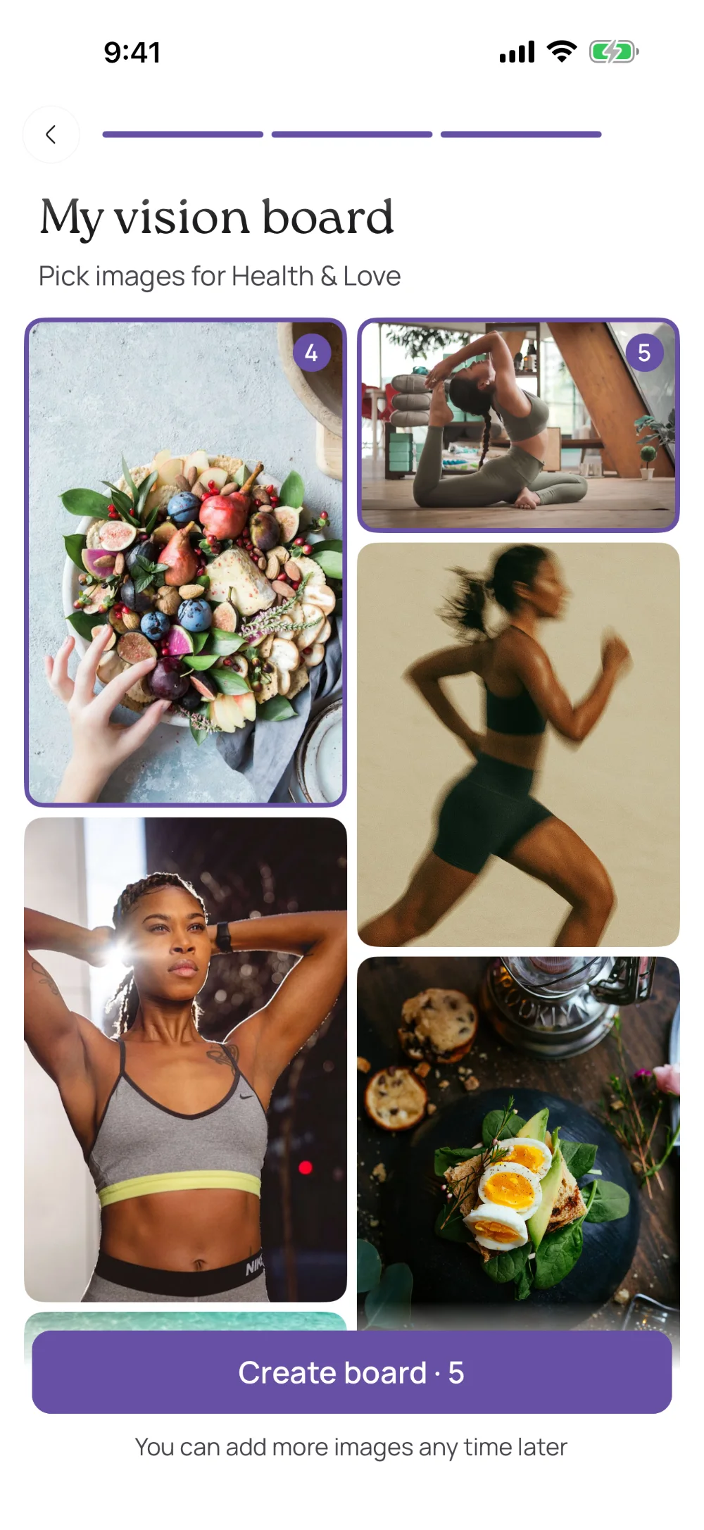 VISIYA's My Vision Board screen: choosing pictures for health and love