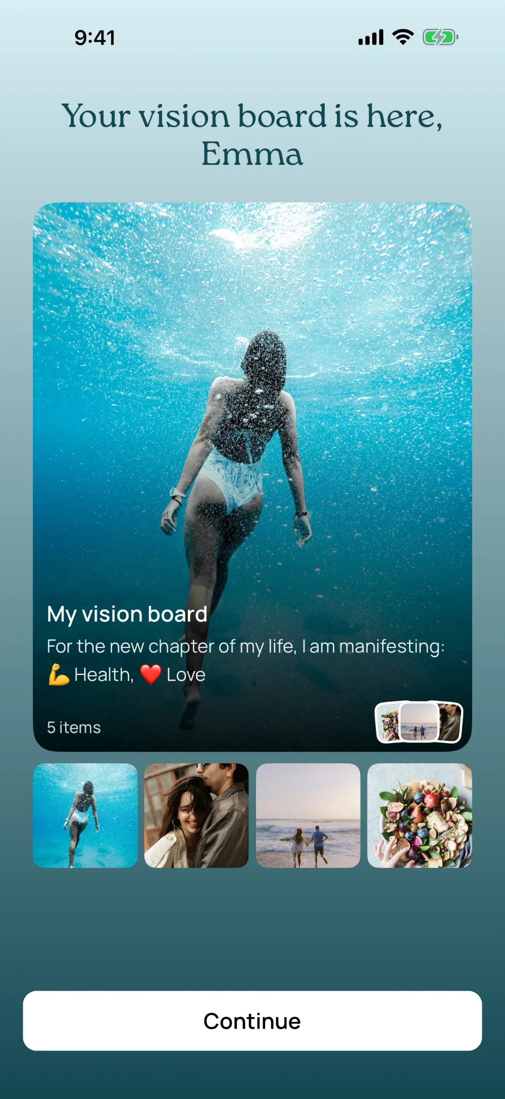 The finished vision board in VISIYA with an underwater photo and the areas Health and Love