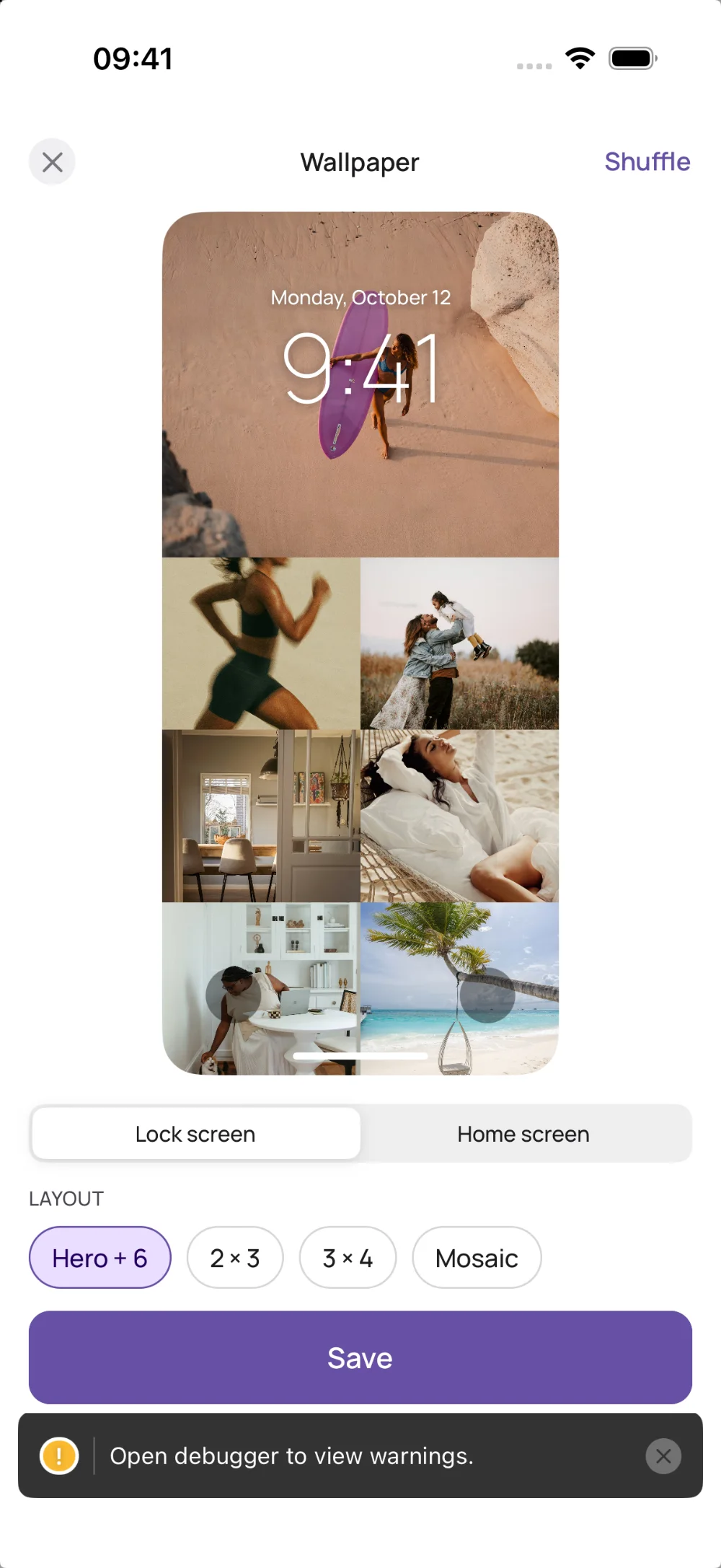 VISIYA's wallpaper editor with a lock screen preview and layouts like Hero + 6 and Mosaic